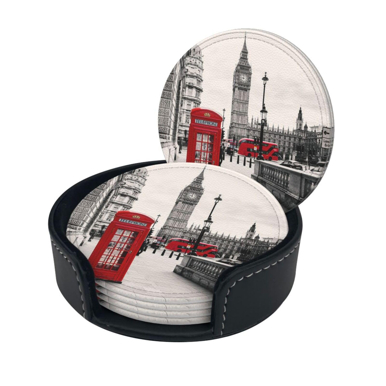 Red Phone Booth London Street Print Coasters For Drinks With Holder Set Of 6, Pu Leather Coasters Drink Coasters Cup Pad Mats