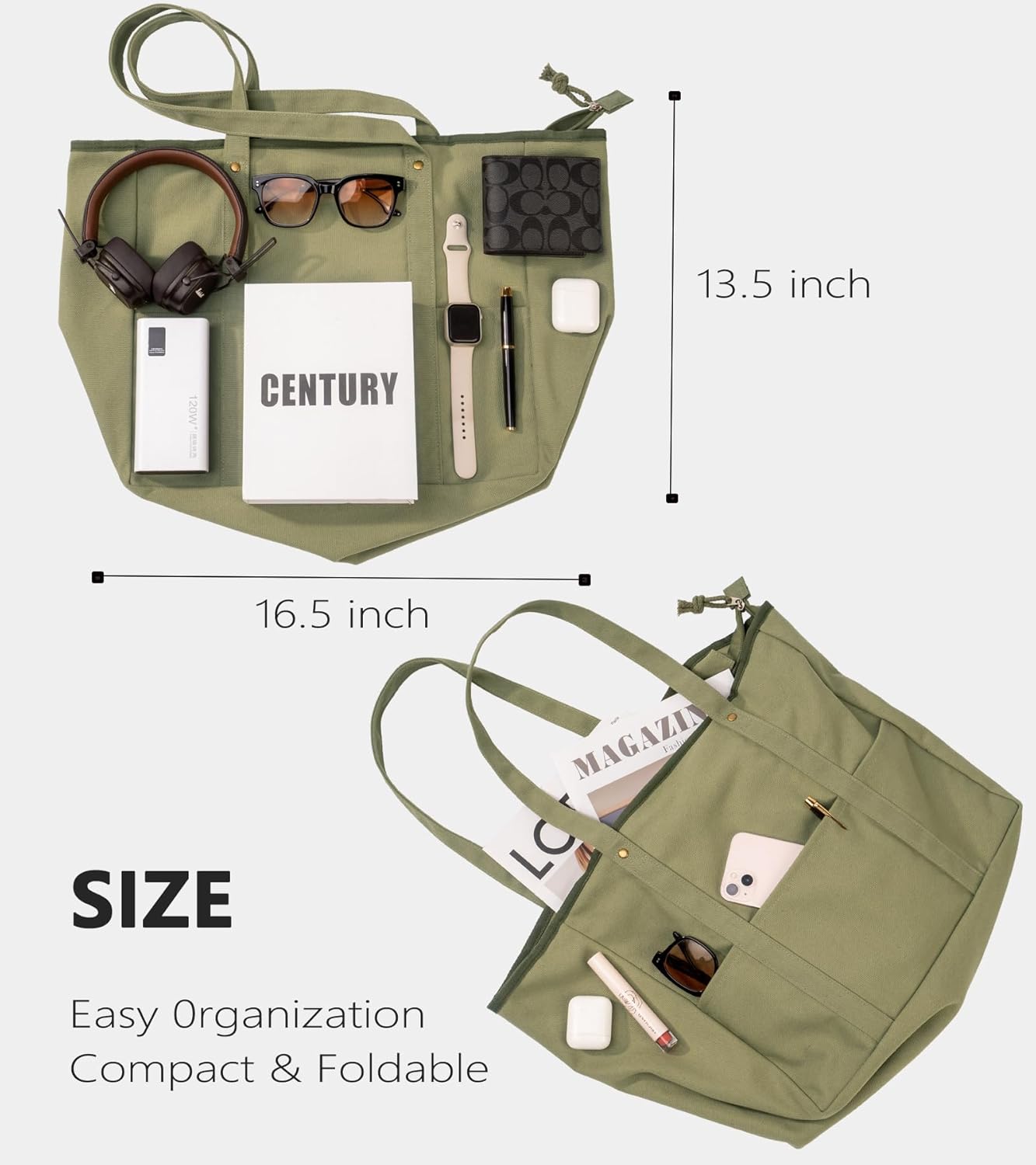 Extra Large Canvas Tote Bag for Women Men, Utility Work Bags with Zipper - Image 5