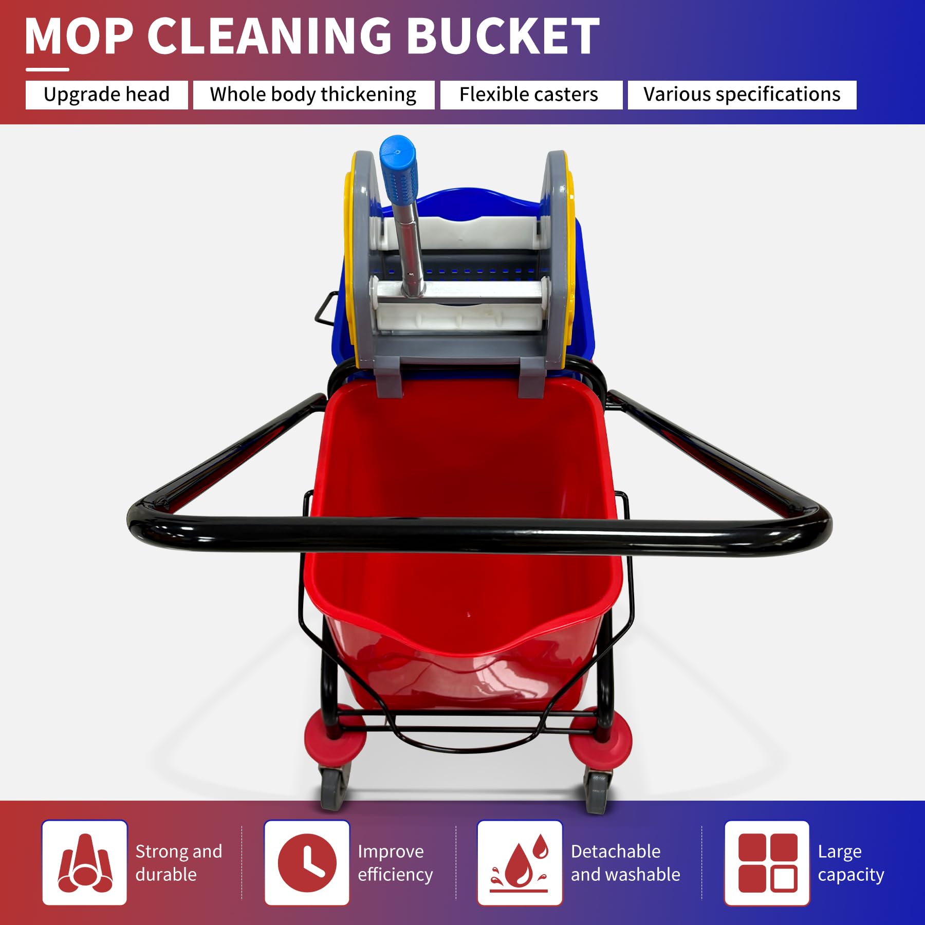 Carrito comercial de doble cubo con escurridor, cubo de 50 L con ruedas, juego de fregona giratoria y cubo para hoteles, oficinas y limpieza del hogar (22 cuartos de galón x 2)