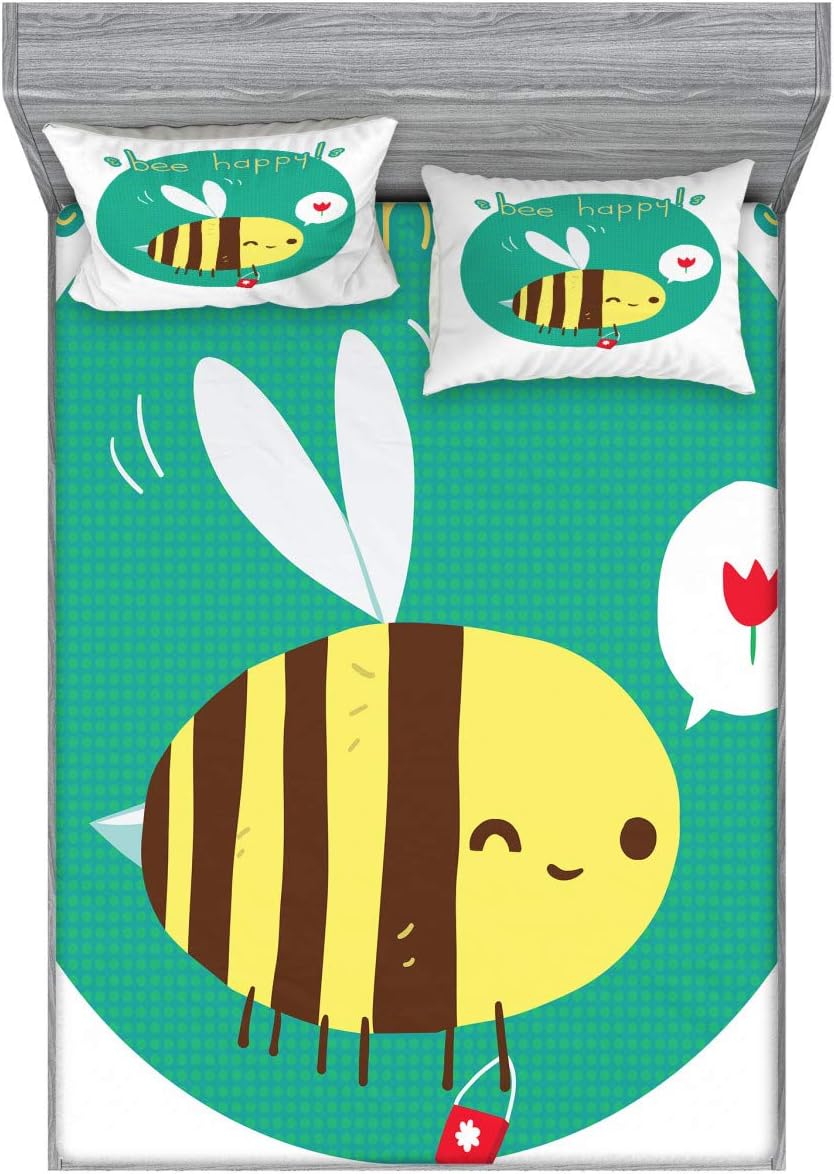 Ambesonne Queen Bee Fitted Sheet & Pillow Sham Set, Winking Bumblebee Cartoon Doodle Happy Words Circle Abstract Background, Decorative Printed 3 Piece Bedding Decor Set, Full, Multicolor