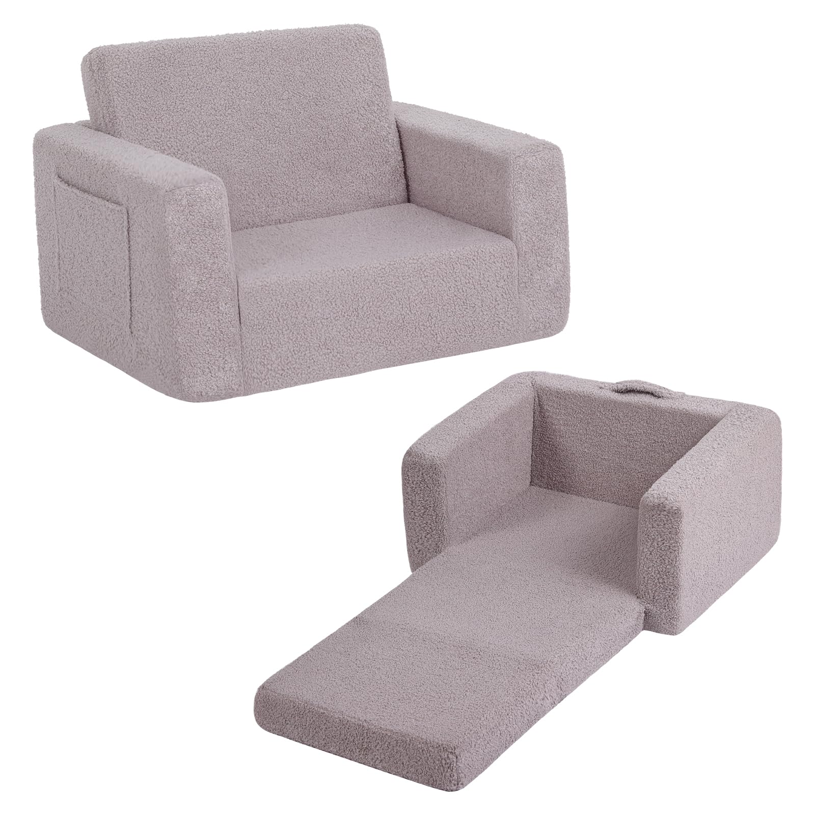 Tiita Kids Sofa, 2-in-1 Todder Couch, Convertible Children Couch to Lounger, Flip Out Kids Sofa Chair, Toddler Armrest Chair Bed, Folding Kids Play Sofa for Girl or Boy (Grey)