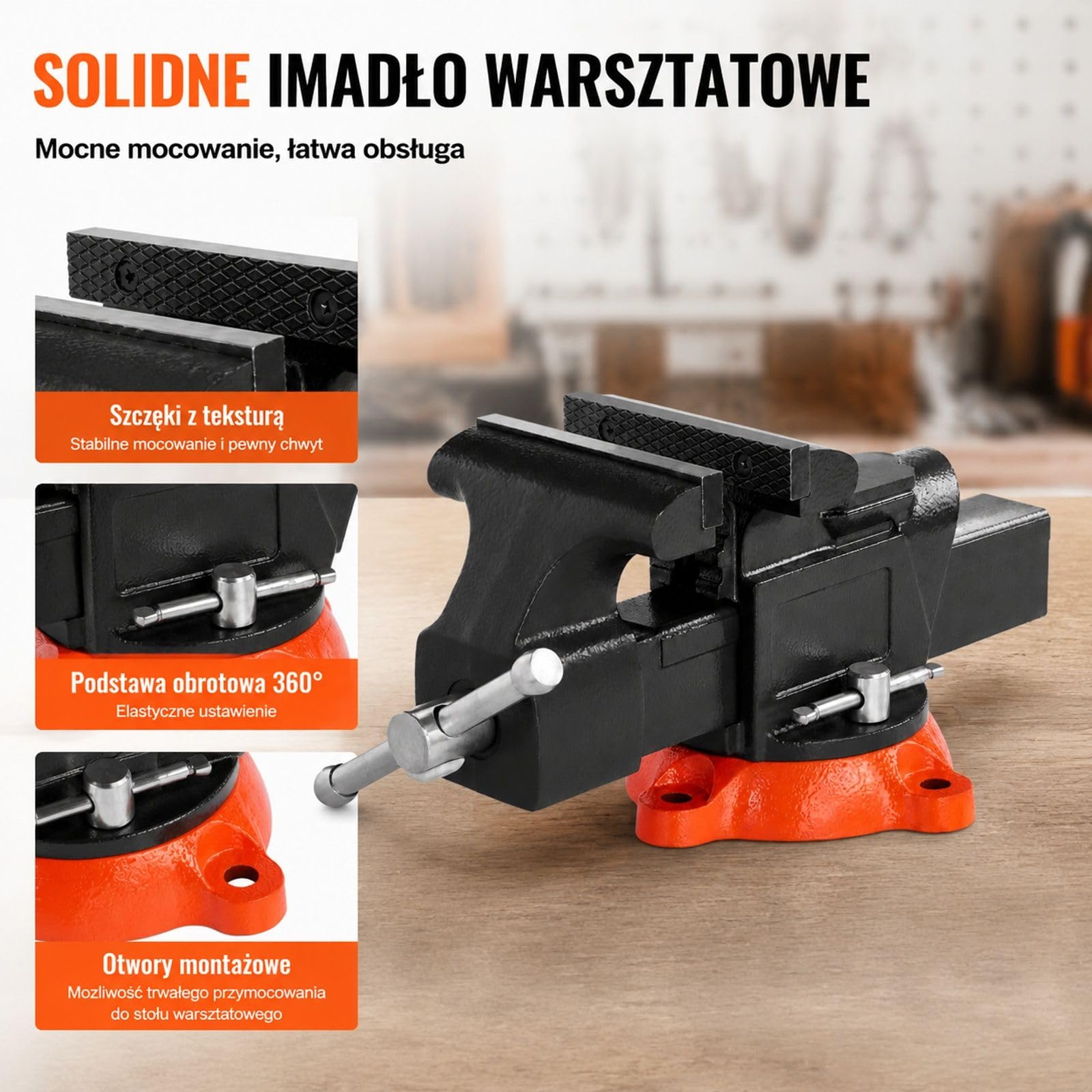 Wielofunkcyjne imadło stołowe z żeliwa sferoidalnego z obrotową podstawą