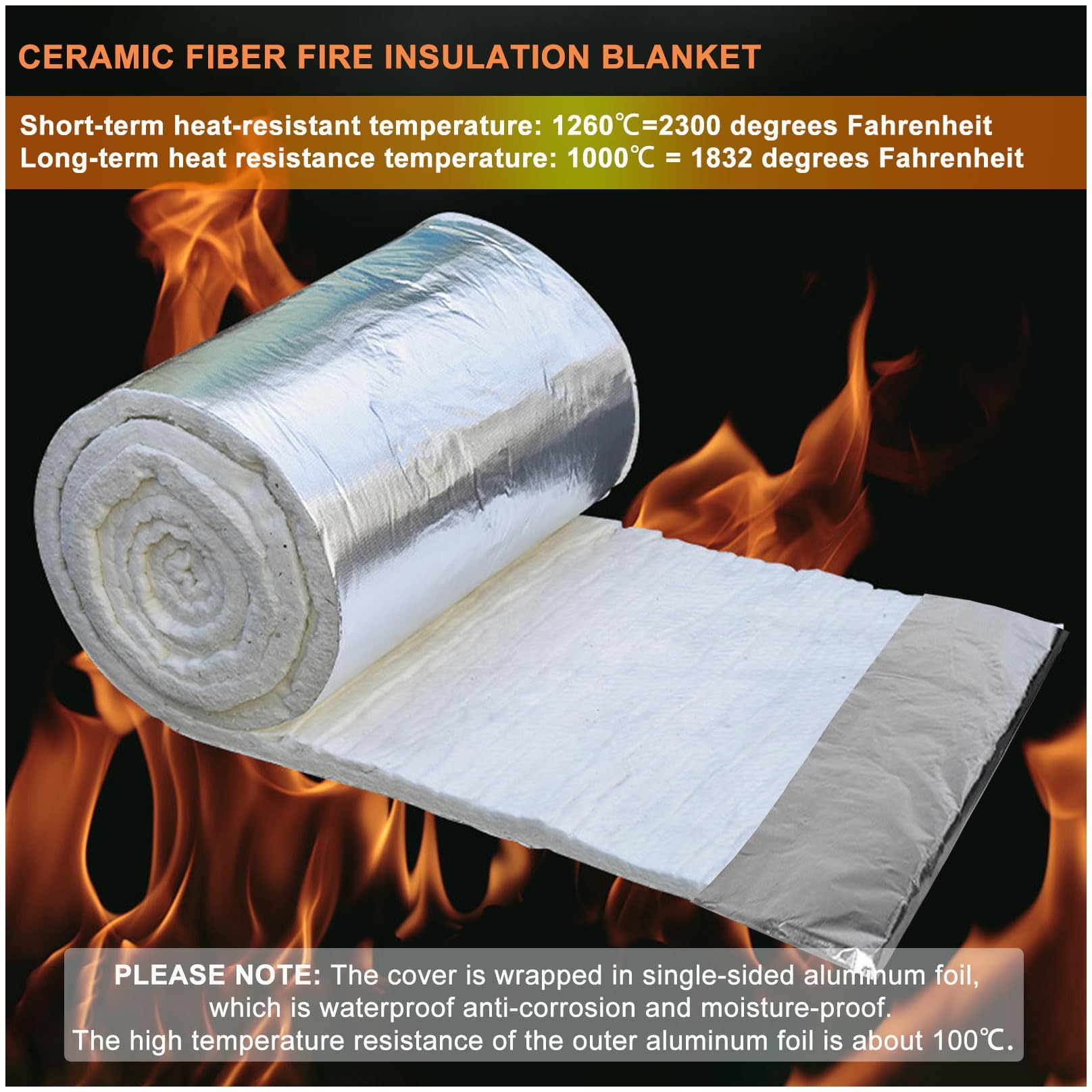 Couverture Isolante en Fibre de Céramique Tapis Isolant Ignifuge avec Feuille D'aluminium Simple Face pour Fours, Poêles,briques Réfractaires,chaudières (610mmx7000mmx20mm)