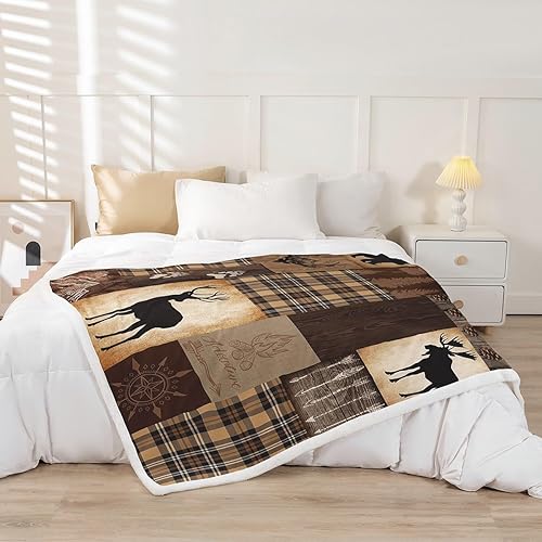 Miniatura 9 de Manfei Manta de retazos, vida silvestre, oso lobo, ciervo, para sofá, manta de cama temática de aventura para niños y niñas, decoración de