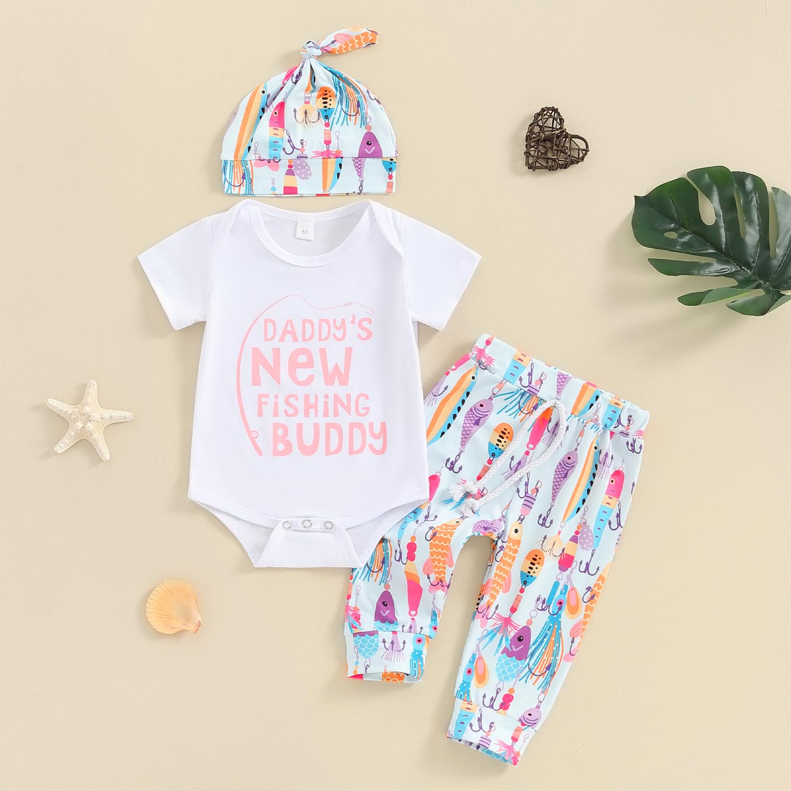 Youweixiong Newborn Baby Boy Girl Summer Clothes Short Sleeve Daddy's New Fishing Buddy Top Fish Pants Hat 3Pcs Coming Home Outfit (Pink, 3-6 Months)