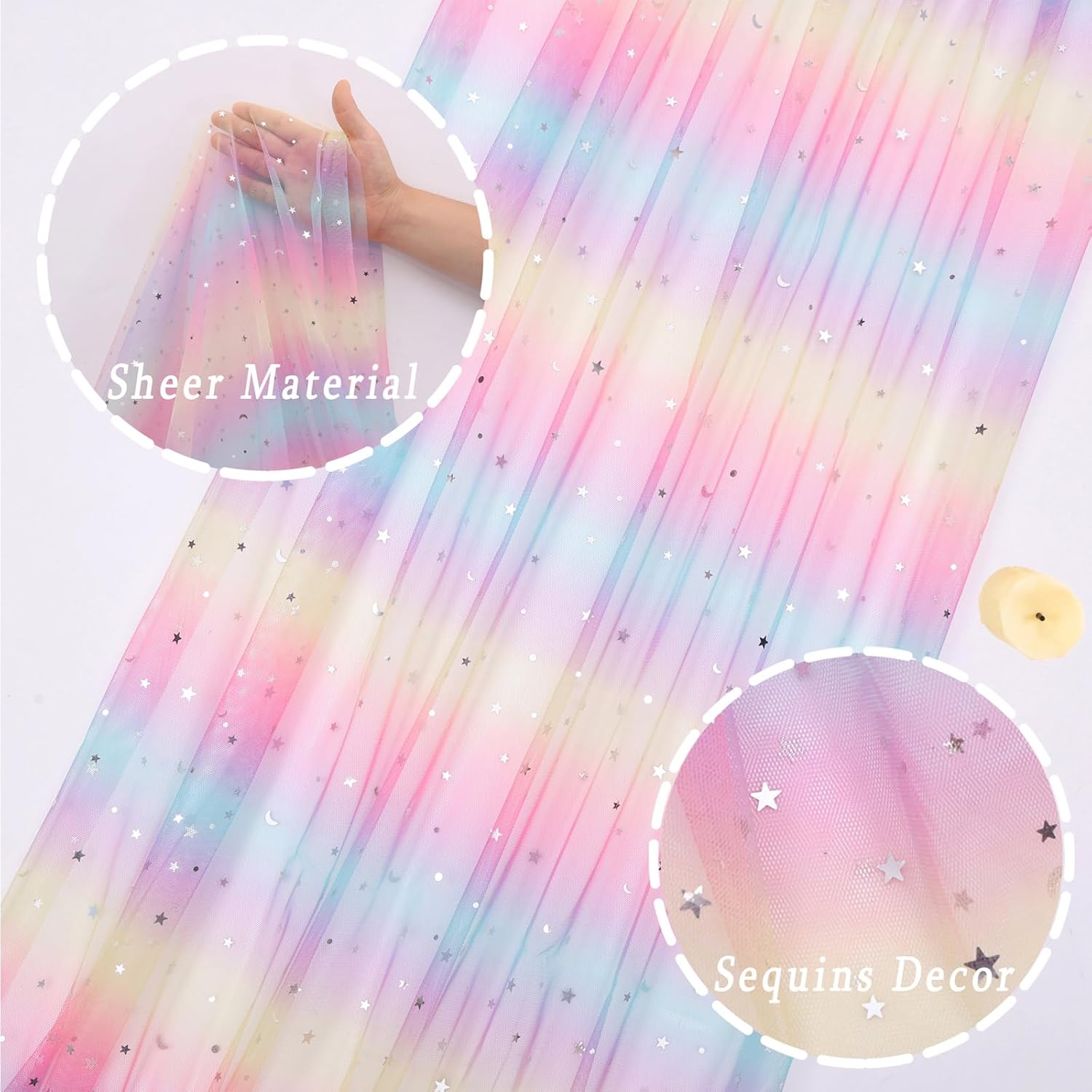 120 Inch Rainbow Unicorn Table Runner 10ft Colorful Sequins Tulle Star Moon Gauze Sheer Table Runners for Easter Holiday Birthday Kid's Party Baby Shower Decoration - Image 3
