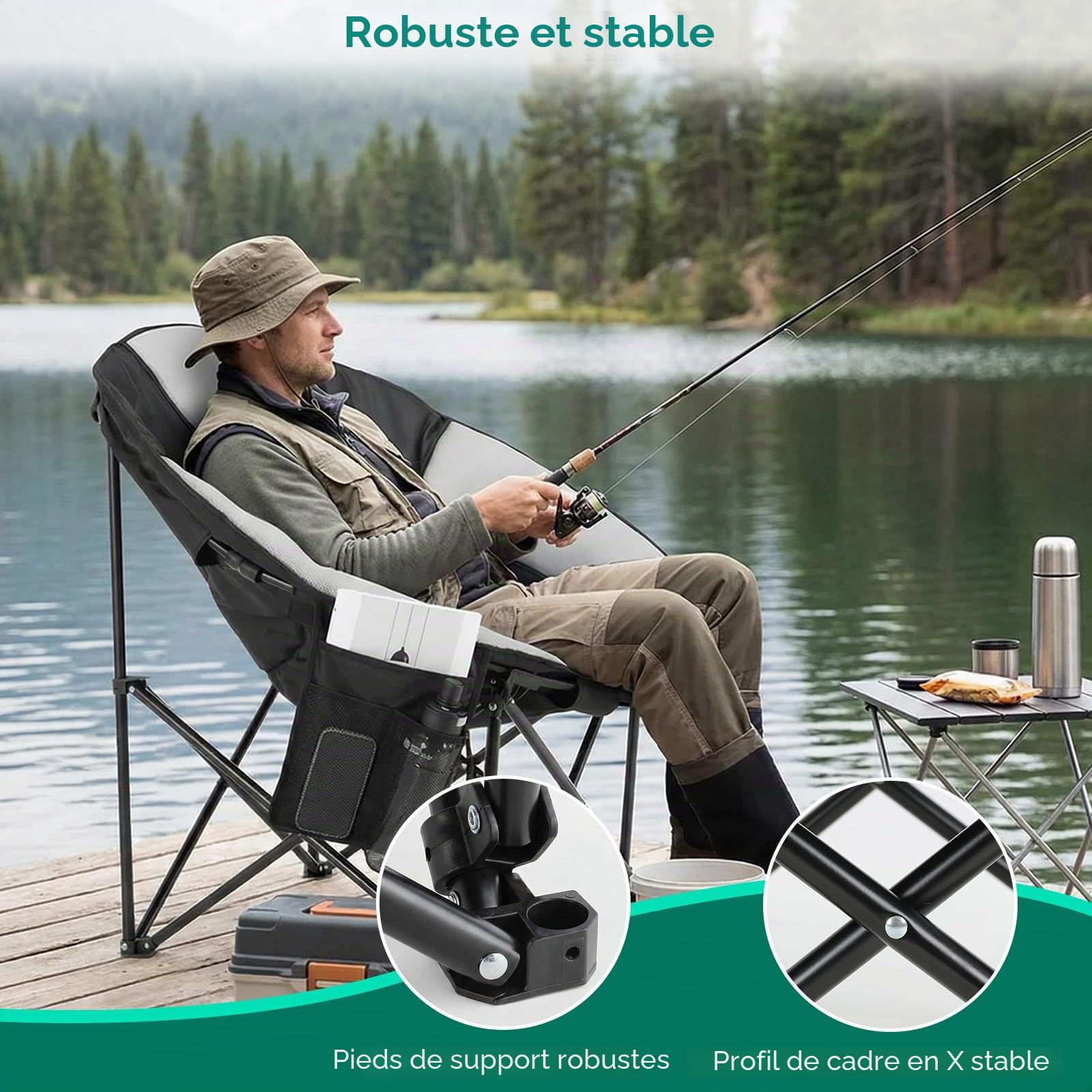 LIFERUN Chaise de Camping Ronde, Chaise Pliante Camping 150KG,Moonchair XXL | Chaise d'extérieur, avec maille respirante, et poche latérale, Sac Inclus, pour Pêche, Plage, Randonnée, Jardin, Noir