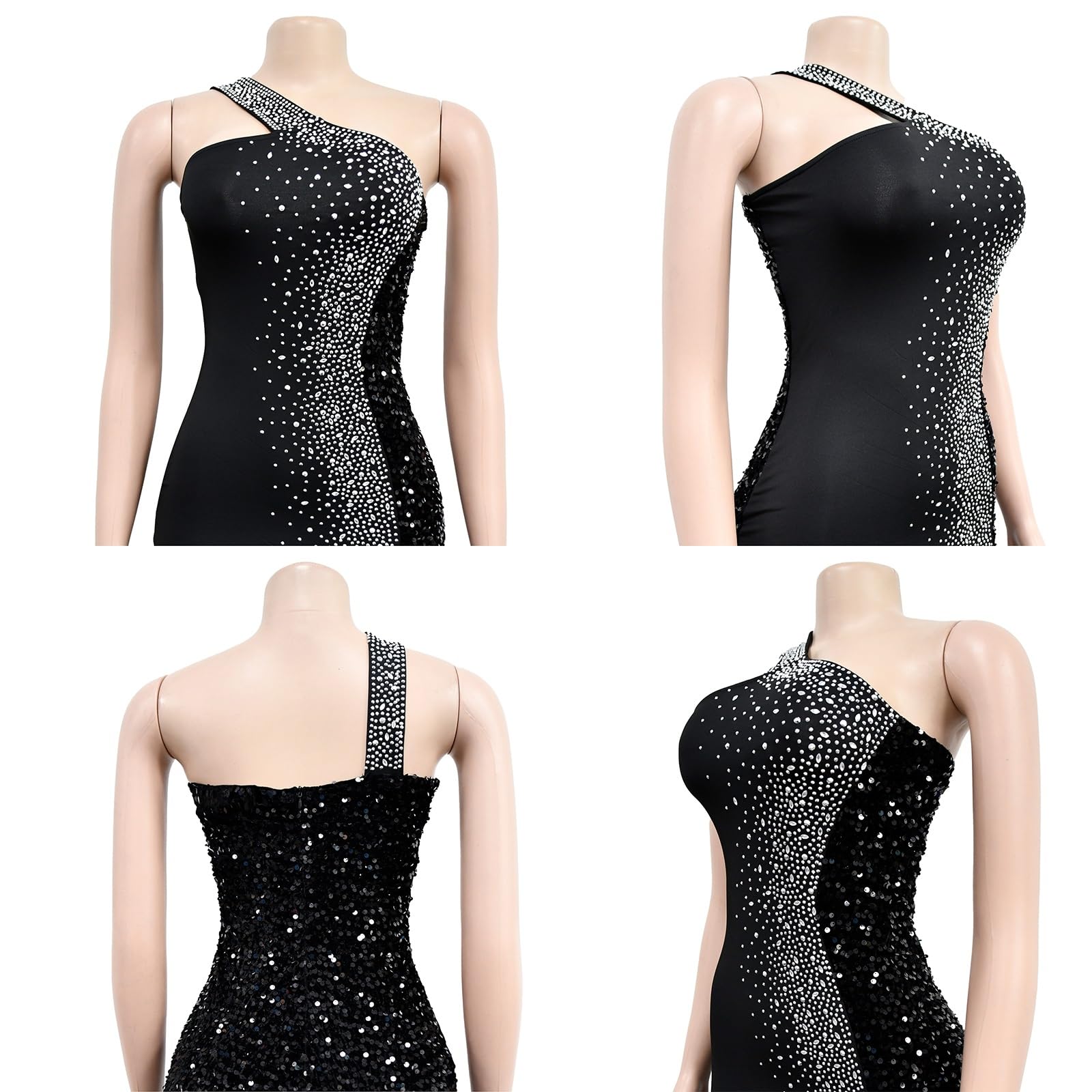 Vestido Largo de Un Solo Hombro, con Pedrería y Lentejuelas En Degradado, con Una Abertura Alta, Cierre con Cremallera En La Espalda, Ideal Para Fiestas y Eventos Nocturnos
