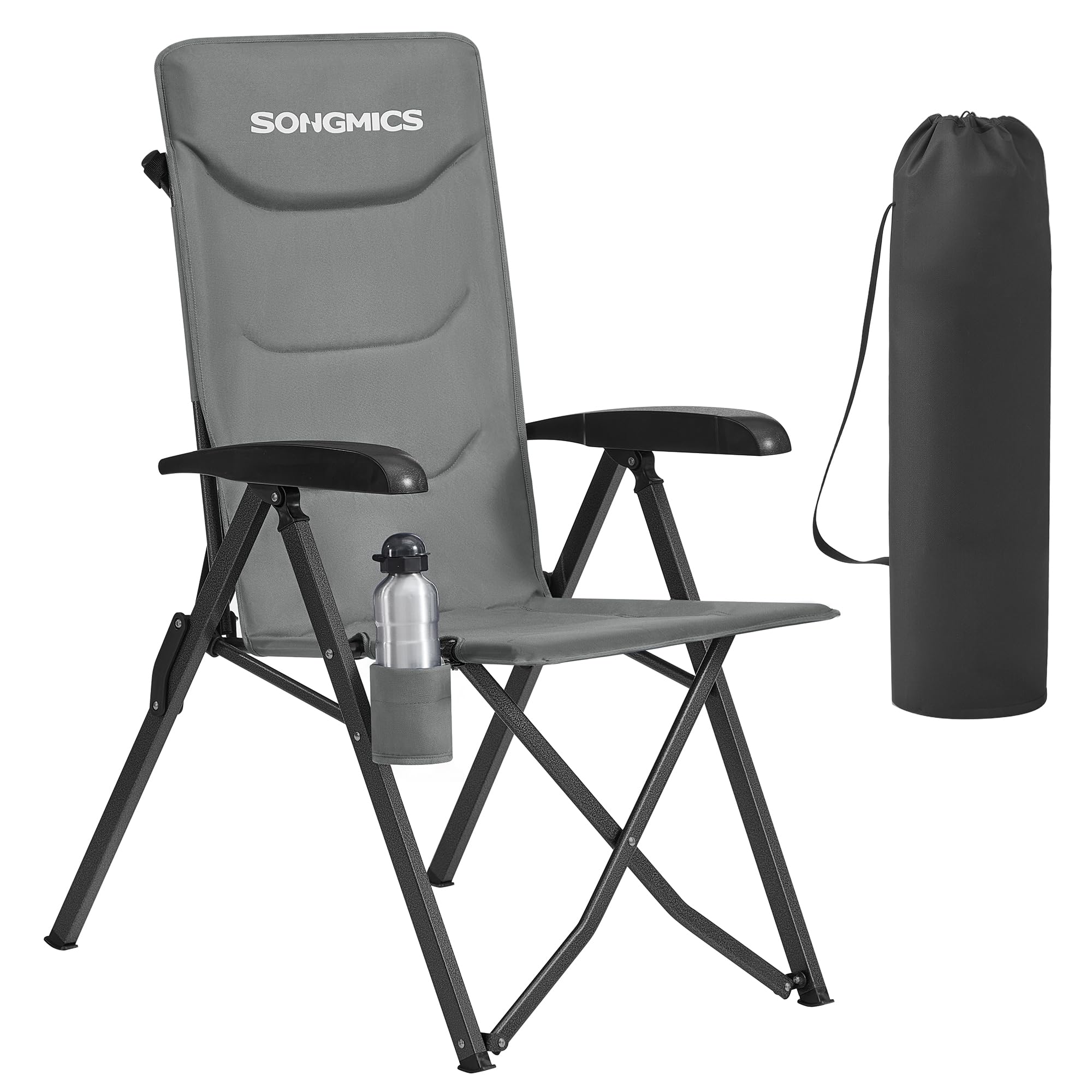 SONGMICS Campingstuhl faltbar, für Erwachsene, 95°-150° verstellbare Rückenlehne, Klappstuhl, drehbarer Getränkehalter, Tragetasche, Schultergurt, für Garten, Camping, Angeln, grau GCB015GZ01