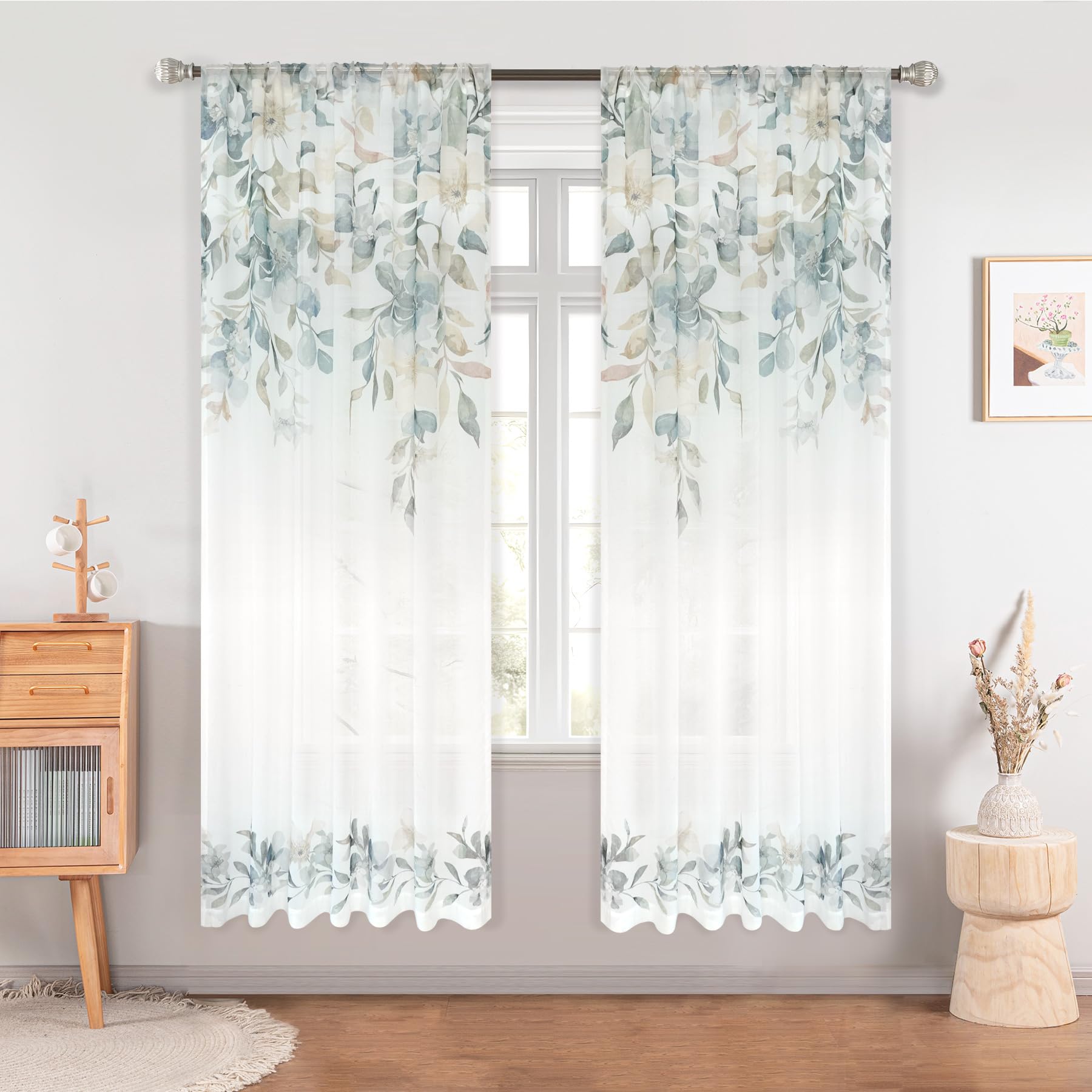 DriftAway Floral Sheer Curtains for Living Room Leaves Printed Sheer Drapes Light Filtering Curtain for Bedroom 63 Inches Long 2 Panels Set Rod Pocket