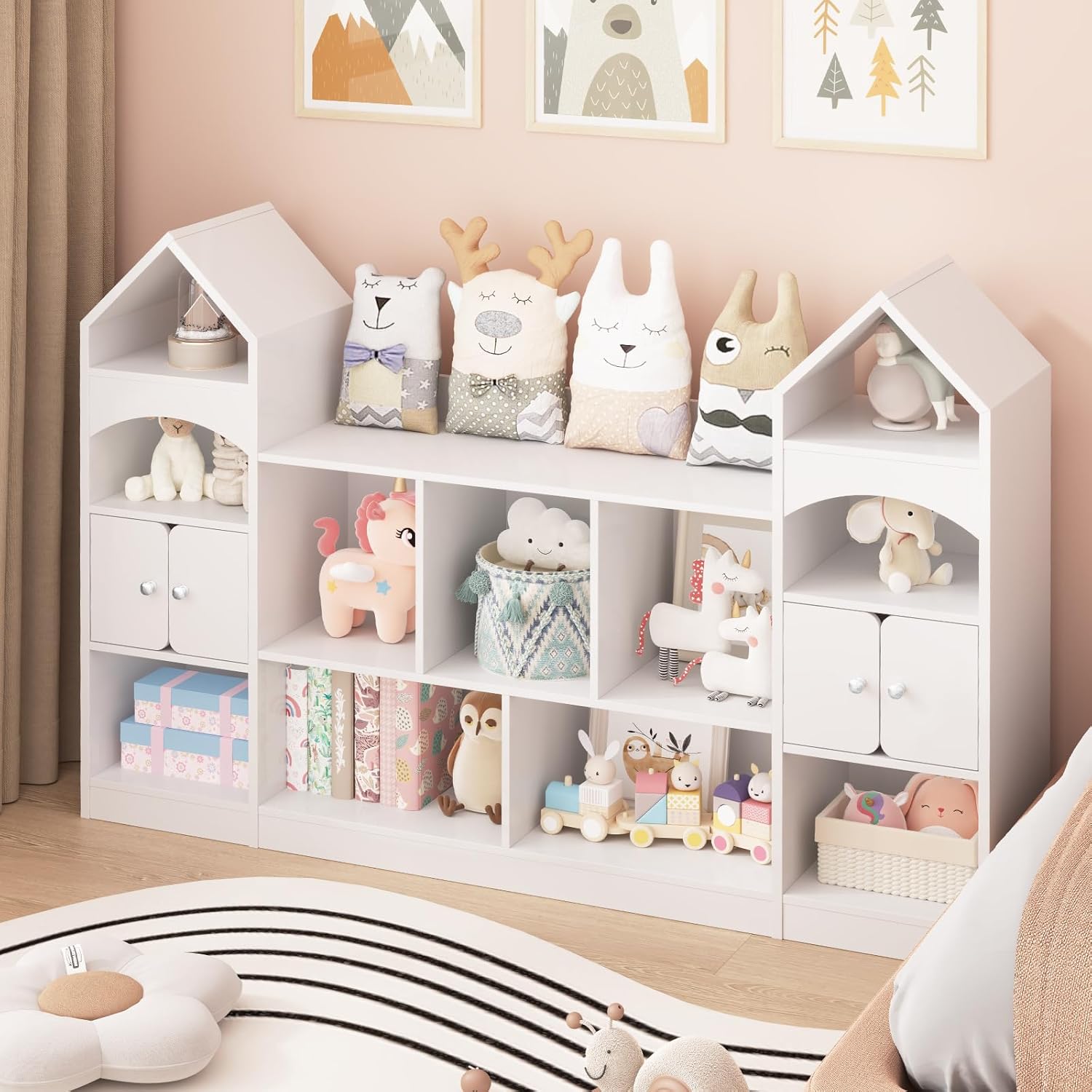 Halitaa Castle Shape Children's Bookshelf, Kids Bookcase Display Case Kids Toy Storage Organizer Multifunctional Storage Cabinet Bookshelf Suitable for Playroom, Children's Room, Living Room, White