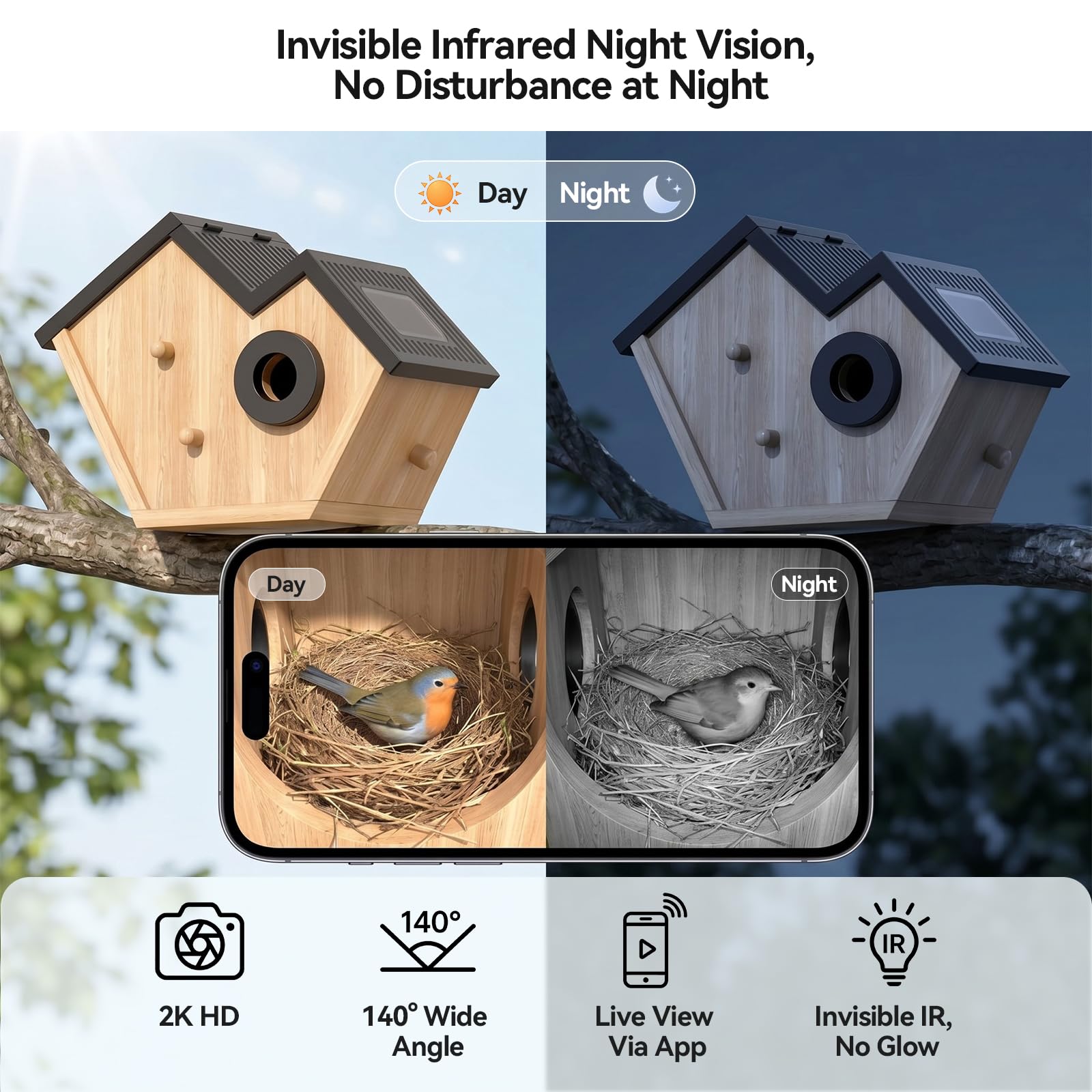 Caja nido inteligente con cámara, casa de pájaros con cámara, nido para pájaros para exteriores, resistente a la intemperie, comedero para pájaros, reconocimiento de aves AI, visión nocturna, vista en