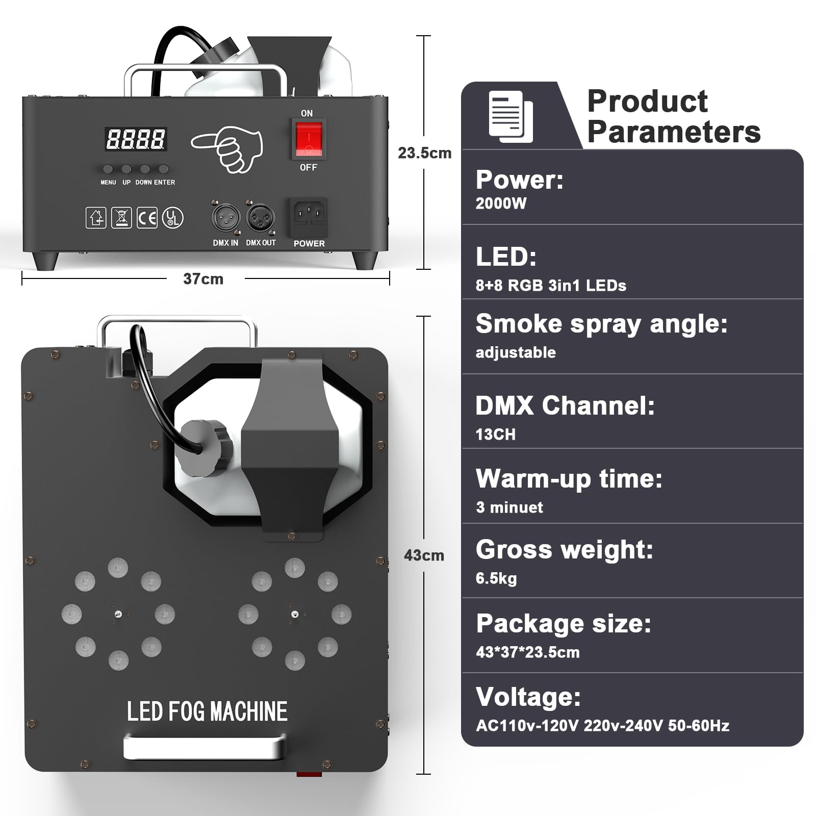 2000W Machine à Fumée Soiree, Machine a Brouillard avec 8+8 LED Lumières Contrôlables en Couleur, Machine a Fumee Lourde avec Télécommande pour Mariage, Fête, Halloween, Effets de Scène