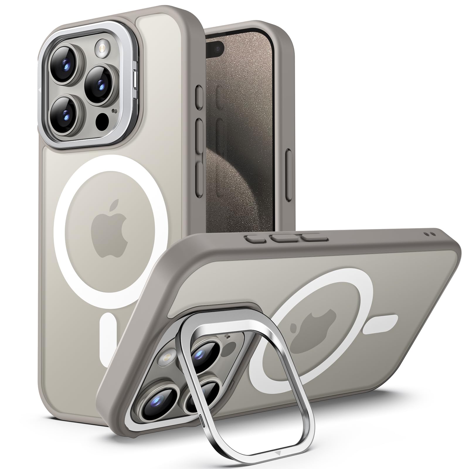 JETechKickstand Case for iPhone 15 Pro 6.1-Inch Compatible with MagSafe, Built-in Adjustable Camera Stand, Translucent Matte Magnetic Back Slim Shockproof Phone Cover (Natural Titanium)
