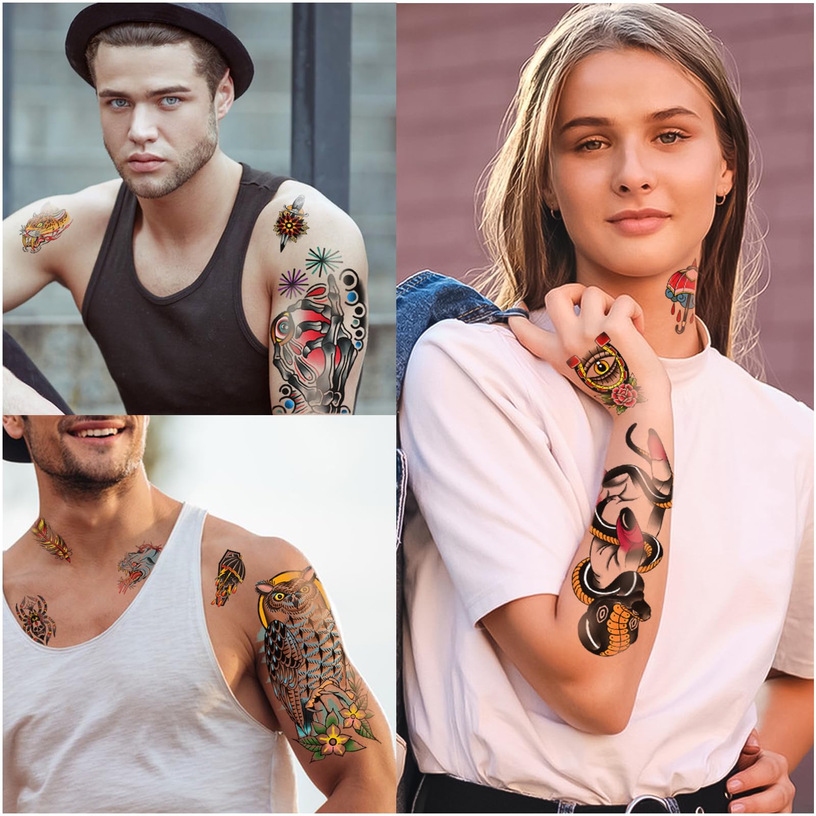 77 hojas de tatuajes falsos impermeables para hombres o mujeres, 17 hojas más grandes, mitad brazo, búho, peonía, mariposa, serpiente, tatuajes temporales para niño o niña, y 60 hojas de 5
