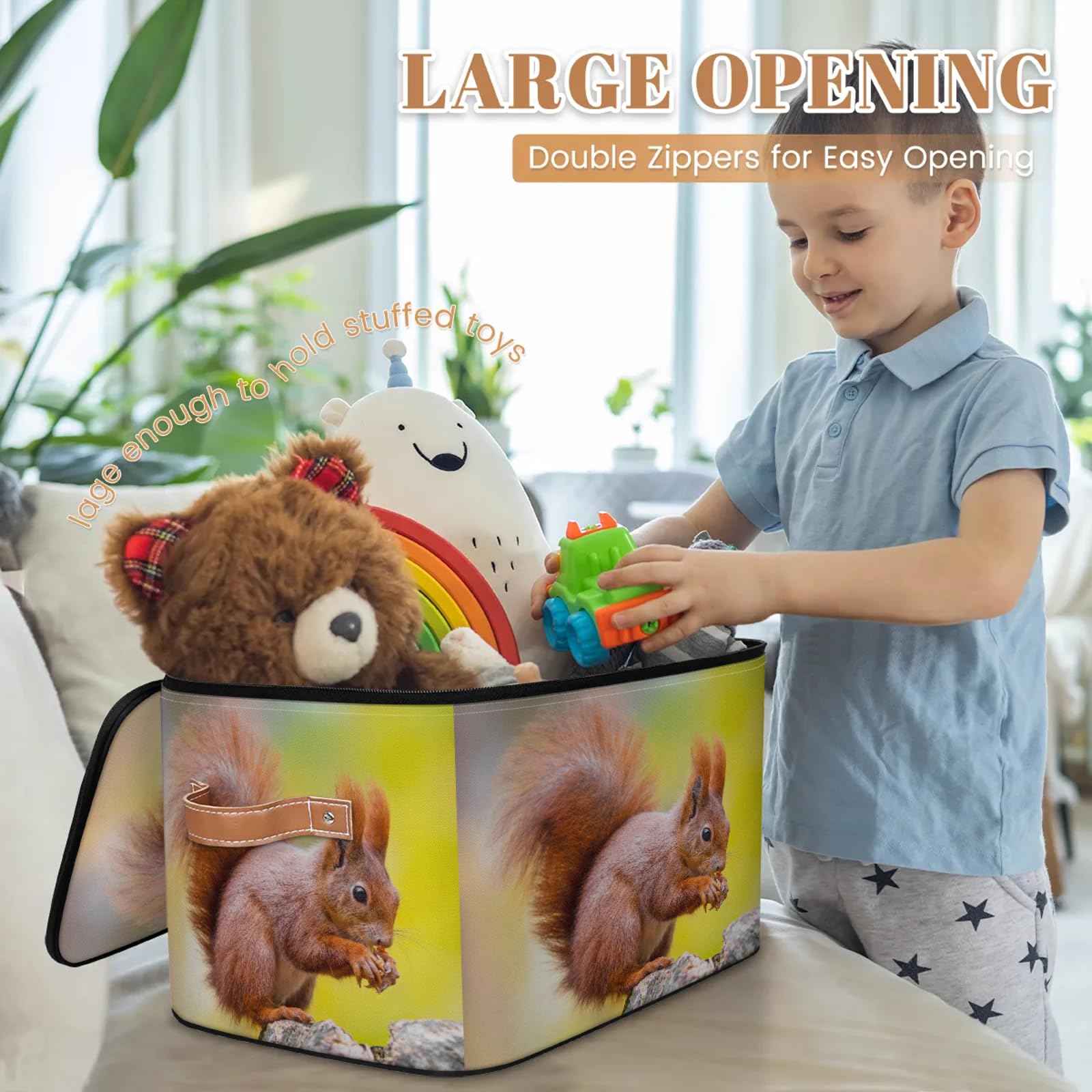 TropicalLife Niedliche Eichhörnchen-Aufbewahrungsbox, faltbar, Stoff, Eichhörnchen, großer Aufbewahrungskorb mit Reißverschluss, Deckel, Schlafzimmer, Zuhause, Kinderzimmer, Organizer für Spielzeug,