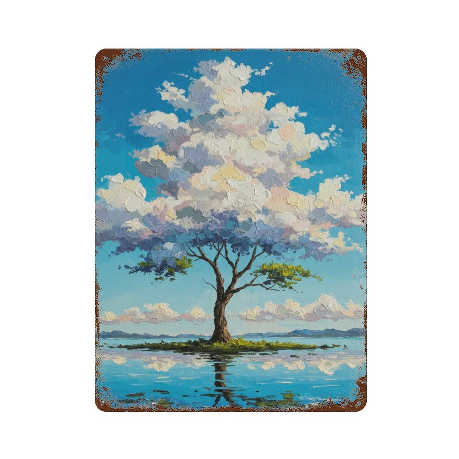 Impasto Tree Painting on Island Rusty Metal Tin Sign 15.7"x11.8", for Shed, Workshop And Garage Wall Decor, Shabby Chic Decor
