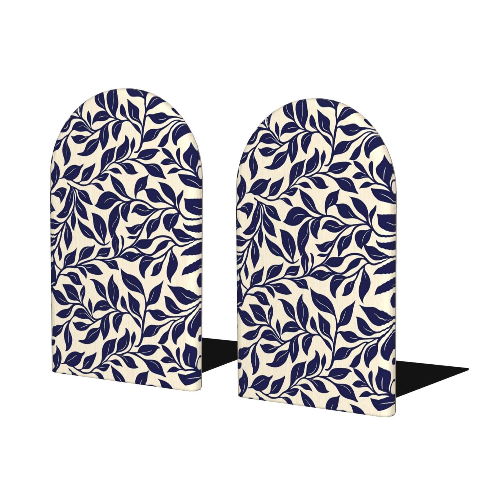 Woshuwo Khaki Repeating Leaves In Navy Blue Bookends For Shelves 2 Pcs Wooden Book Stopper Organizer For Home Office Libraries