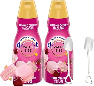 Premium Liquid Coffee Creamer.- Pack of Two (2) 32 fl oz Bottles of Smooth & Creamy Delightful Coffee Creamer and Candy Freezer Mini Shovel Spoons (Almond Cherry Macaron) - Shovel Spoons