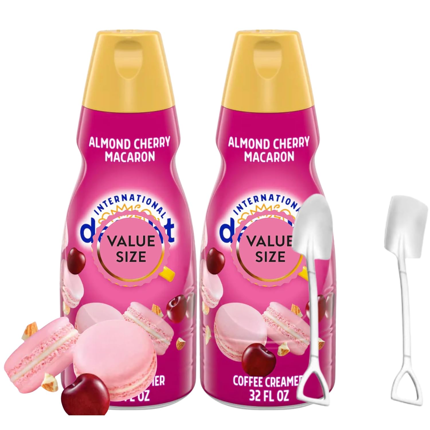 Premium Liquid Coffee Creamer.- Pack of Two (2) 32 fl oz Bottles of Smooth & Creamy Delightful Coffee Creamer and Candy Freezer Mini Shovel Spoons (Almond Cherry Macaron) - Shovel Spoons