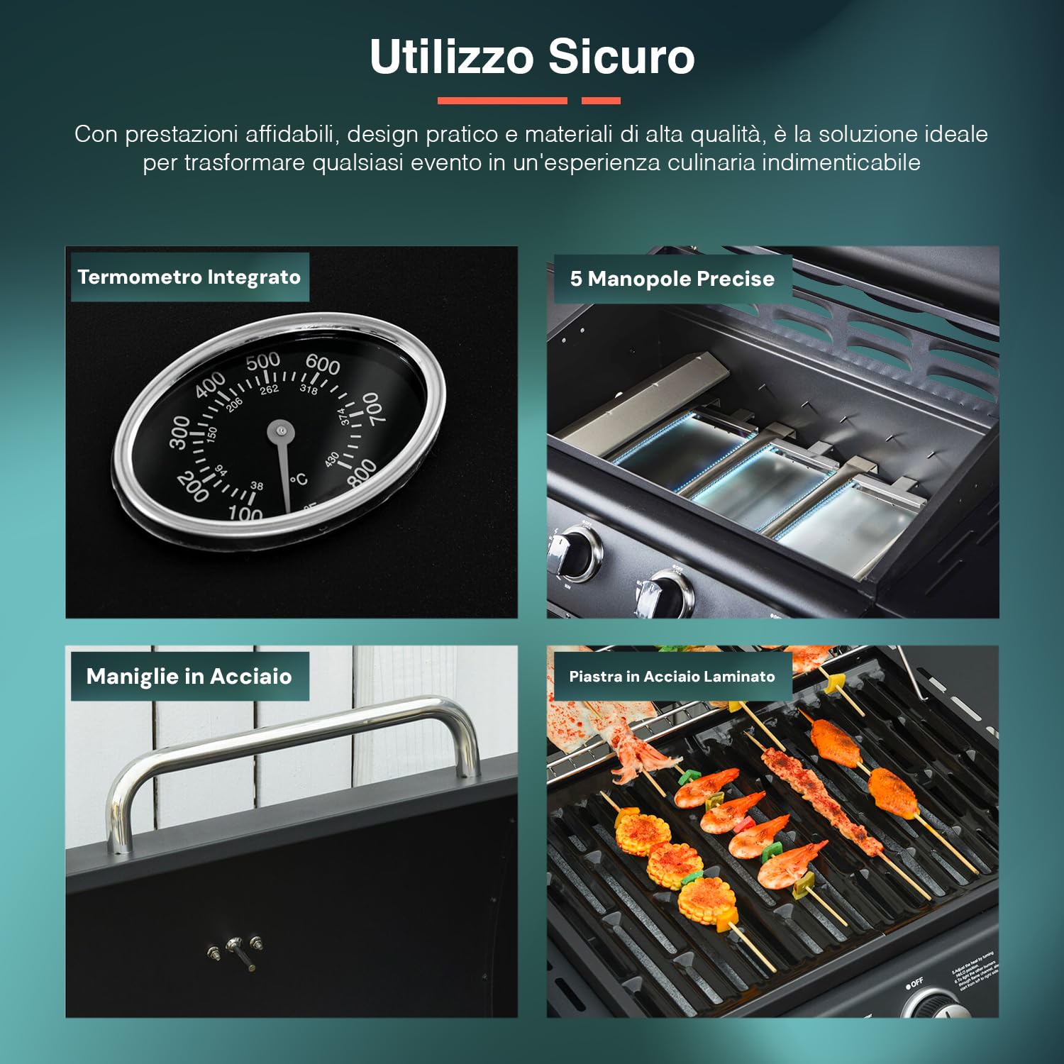 Avilia BBQ Gas 4 Bruciatori, Fornello Laterale, Doppia Griglia, Termometro Integrato e 4 ruote, in Acciaio Lucido Ideale per Giardini e Terrazzi, 136x53x105.5cm, Nero