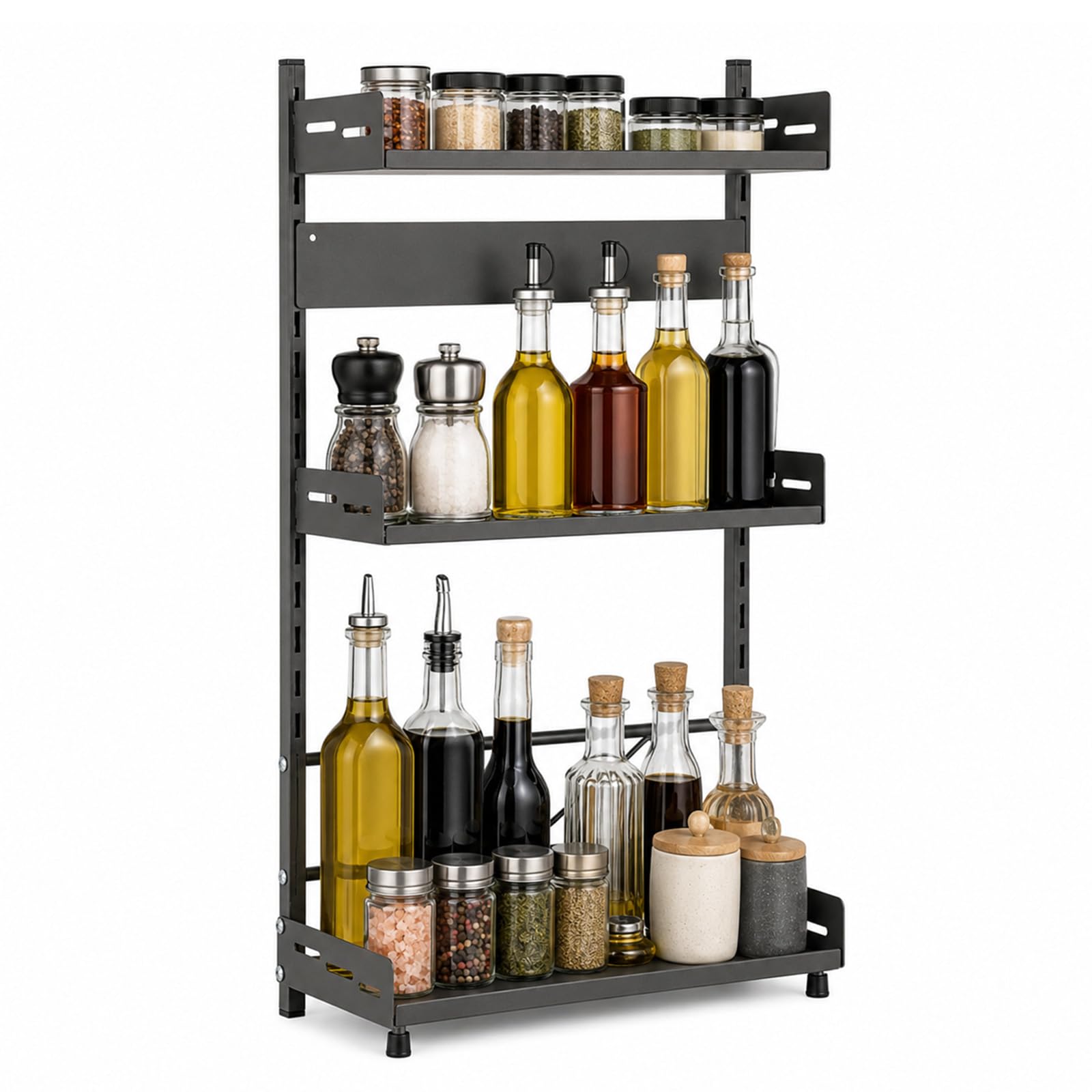 evergoods 3 Tier Spice Rack Organiser, Free Standing Kitchen Organiser with Adjustable Shelves & Knife Holder, Black Countertop Spice Rack for Spices, Jars, Oil Bottles & Pantry Storage