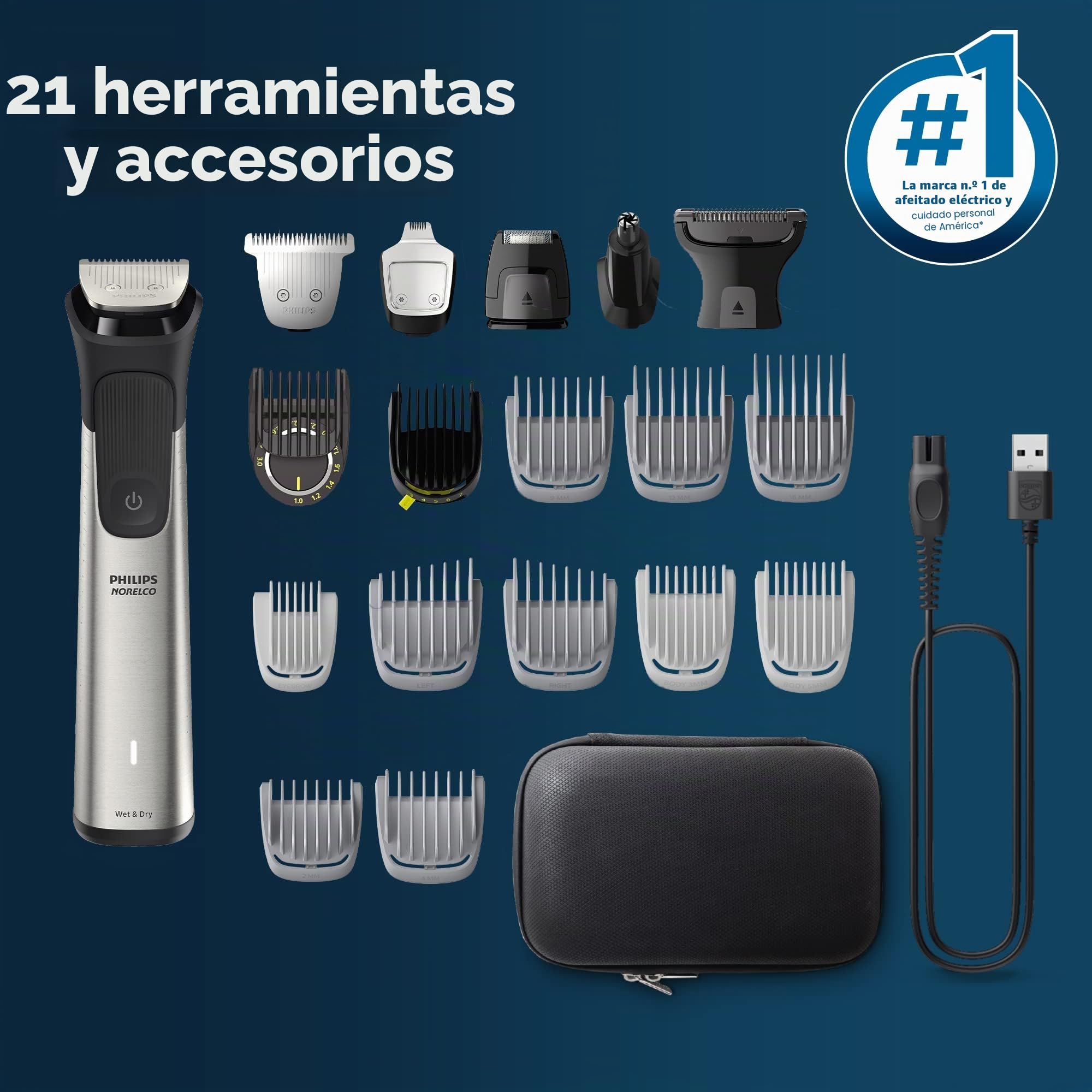 Philips Norelco Multigroom MG9510/60 - Kit de aseo para hombre, 9000-21 piezas, para barba, cuerpo, cara, nariz, orejas, recortadora de pelo con estuche de almacenamiento premium, MG9510/60
