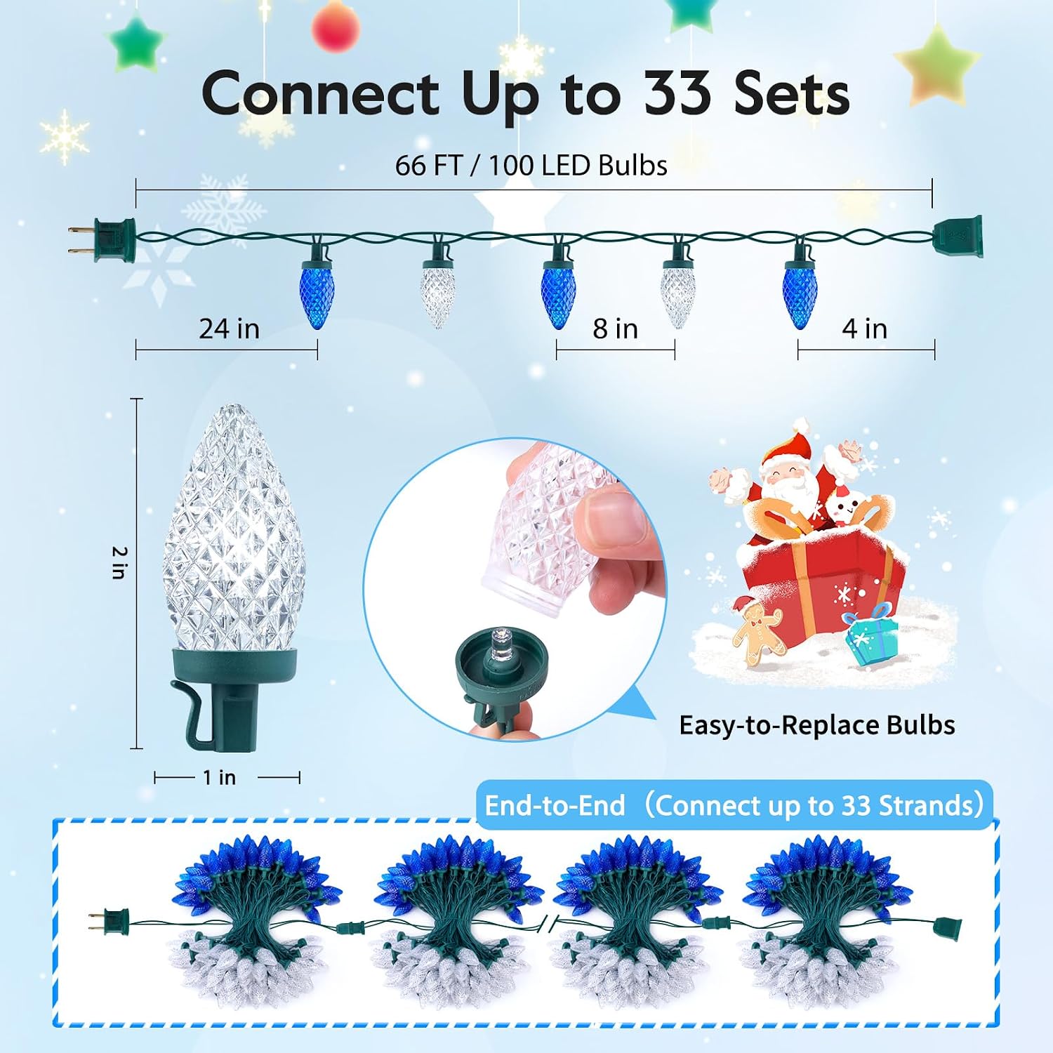 Brightown C9 LED Christmas String Lights, 66ft 100 LED Waterproof Strawberry String Lights, Plug-in Extendable Green Wire Lights String for Outdoor Outside Patio Party Decoration, Blue and White