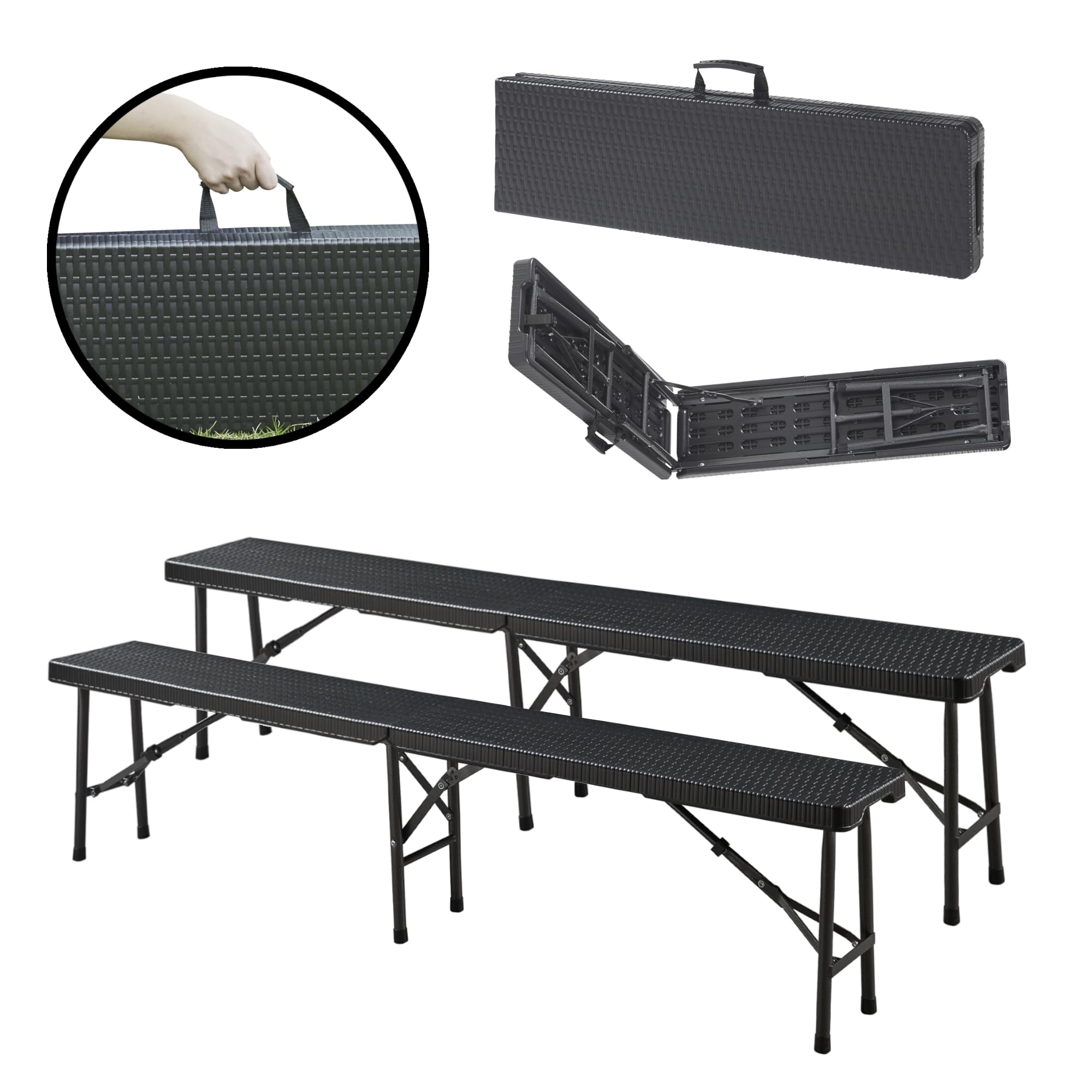 [en.casa] Lot de 2 Bancs de Camping Pliable pour Extérieur Festival Pique-Nique Fête Jardin BBQ Banc Pliant pour 4 Personnes avec Poignée de Transport Métal Plastique 180 x 25 x 43 cm Effet Rotin Noir
