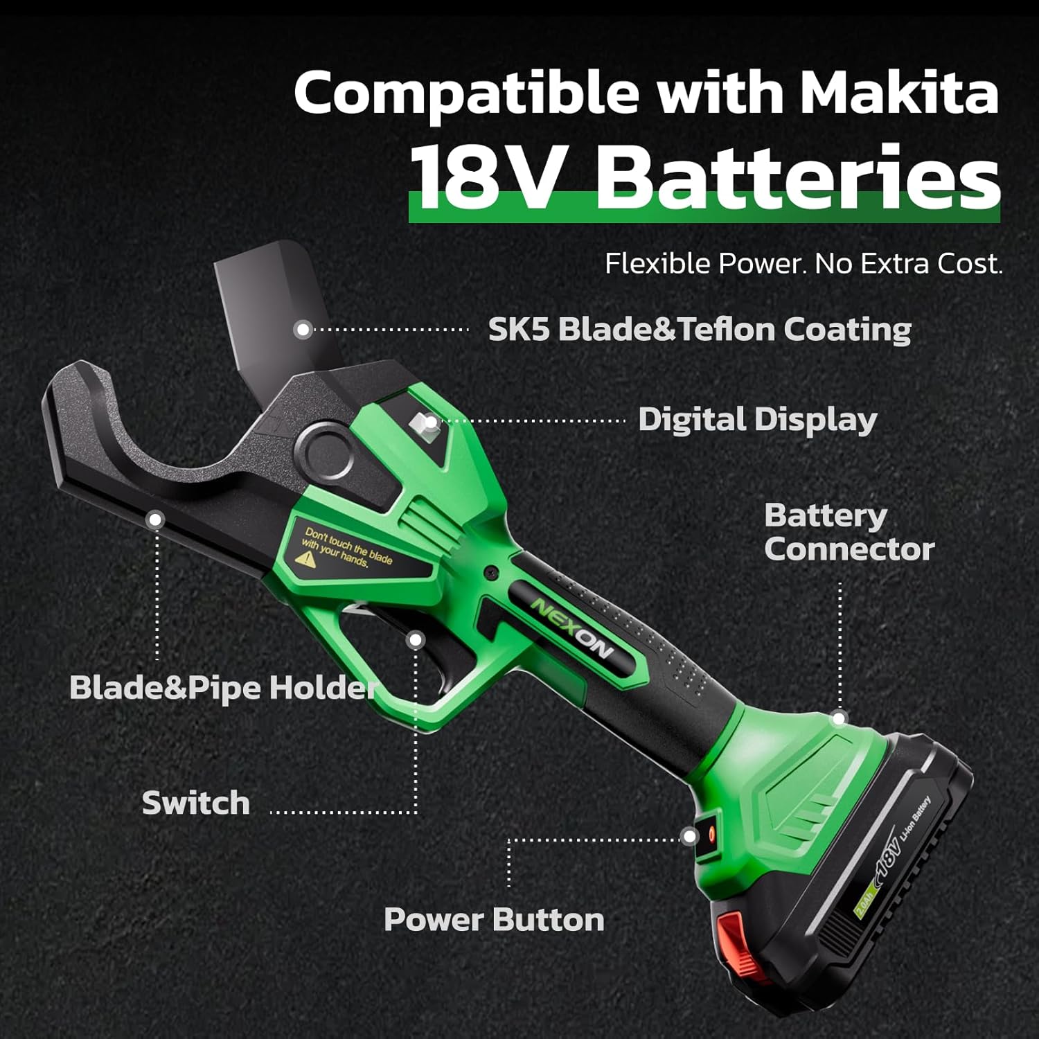 NEXON Electric PVC Pipe Cutter, Cuts up to1-1/2",18V Cordless Ratcheting Pipe Shear with LCD Display & Rechargeable Battery, Plastic Pipe Cutter, PEX Pipe Cutter, PVC Cutter Tool, PVC Ratchet Cutter - Image 6