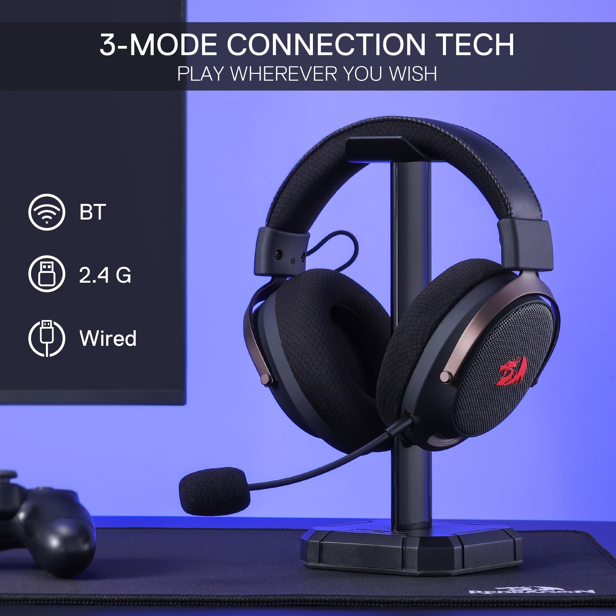 Redragon H858 Kabelloses Gaming-Headset, 7.1 Surround Sound, 53-mm-Treiber, Ohrpolster aus Memory-Schaumstoff, abnehmbares Mikrofon, Over-Ear-Kopfhörer für Handy, PC/PS5/XBOX/NS, Schwarz