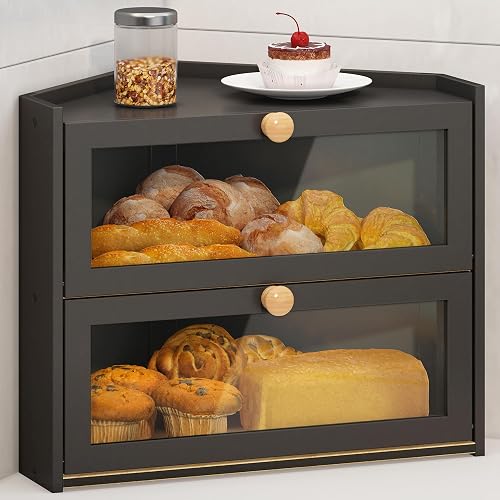 JANSNIMEN Corner Bread Box for Kitchen Countertop Black