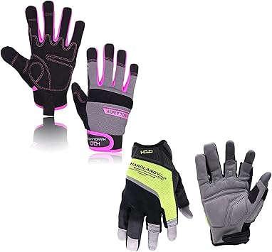 HANDLANDY Bundle - 2 Pairs Utility Mechanic Working Touch Screen Yard Work Gloves for Women, Open-Finger Carpenters Gloves for Men, Gift for Couples - Pink, Black and Hi-vis Yellow, Medium