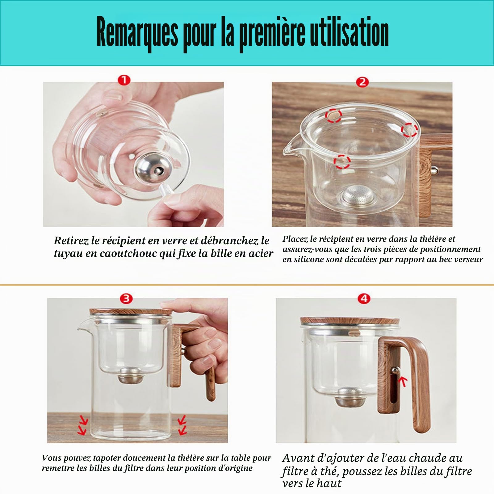 Tea Pot Enchantipot Magic Tea Pot - Théière magique avec séparation de l'eau - Press Control - Pot à thé magique avec poignée en bois - 600 ml - Gris