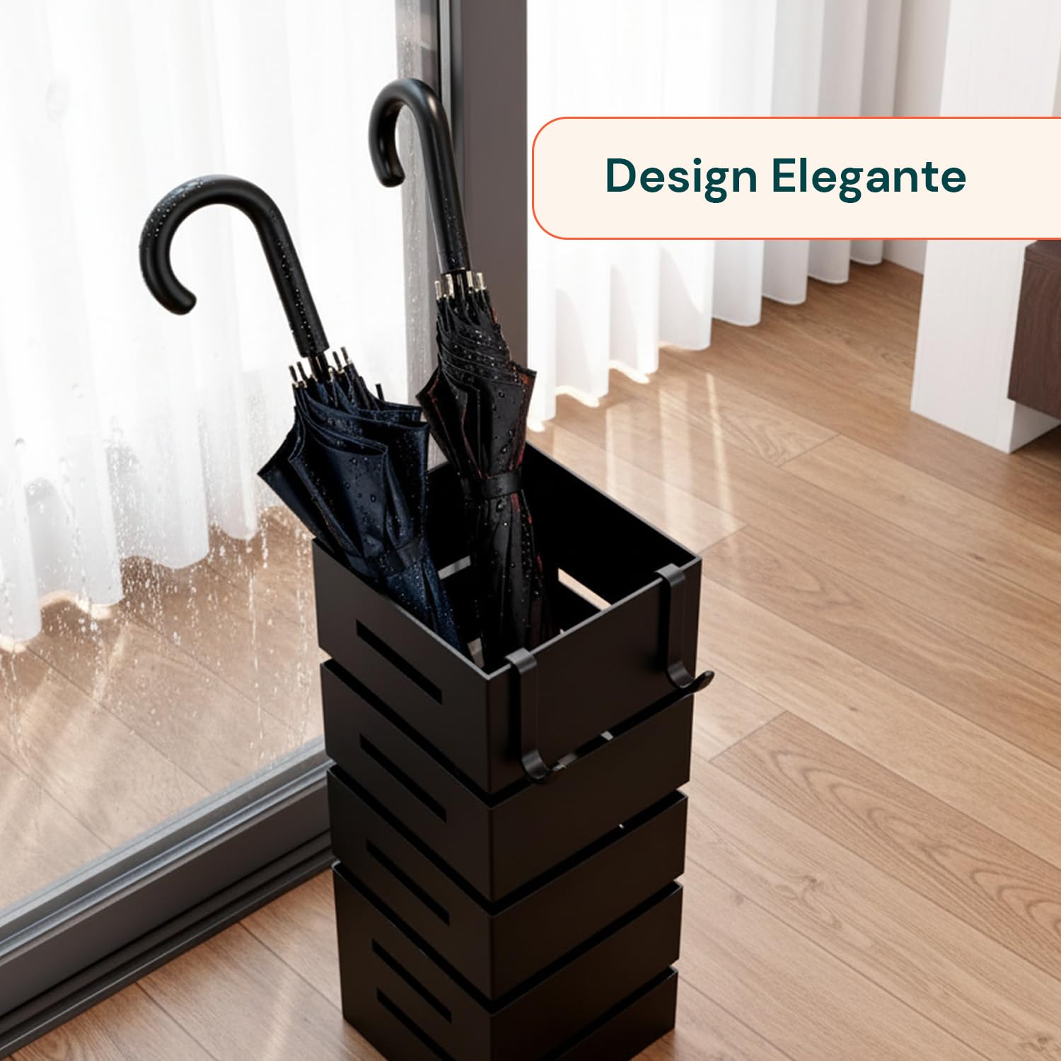 Avilia Portaombrelli da Interno Metallo Nero – Porta Ombrelli con Vaschetta Raccogligocce e 2 Ganci, Portaombrelli da Esterno 10 Ombrelli, Design Moderno per Ingresso Casa e Ufficio