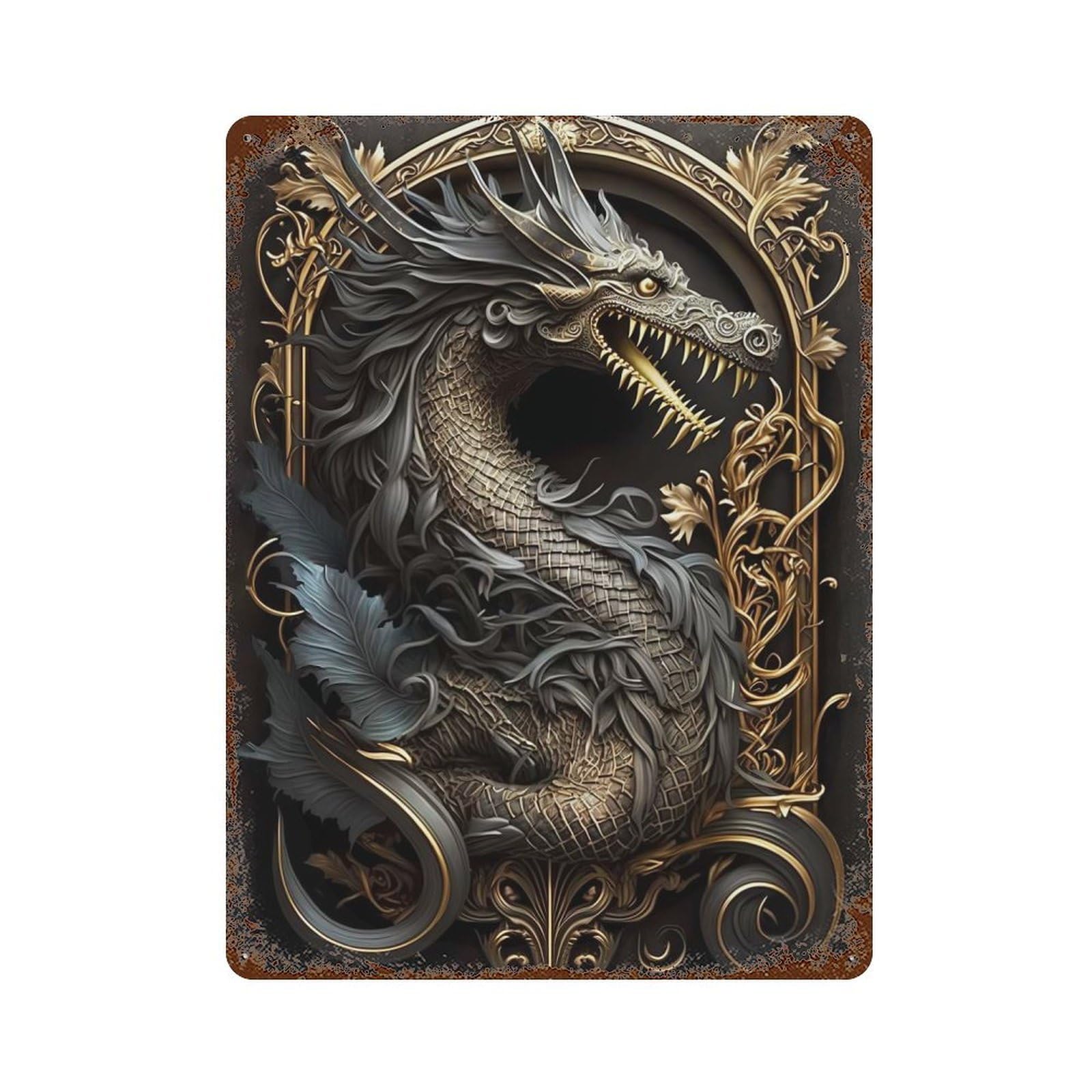 Rust Effect Legendary Dragon Art Deco Rusty Metal Tin Sign 15.7"x11.8", Industrial Home Decor for Living Room, Hallway And Home Decor