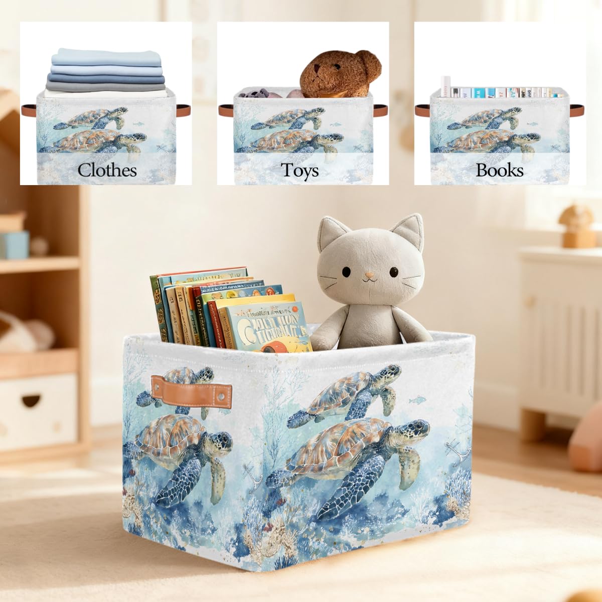 Rechteckiger Aufbewahrungskorb mit Ledergriffen, Vintage-Stil, Aquarell-Schildkrötenfisch, 2 Stück, faltbarer Stoff-Aufbewahrungskorb für Schrank, Badezimmer, Wohnzimmer, Büro, Spielzeug
