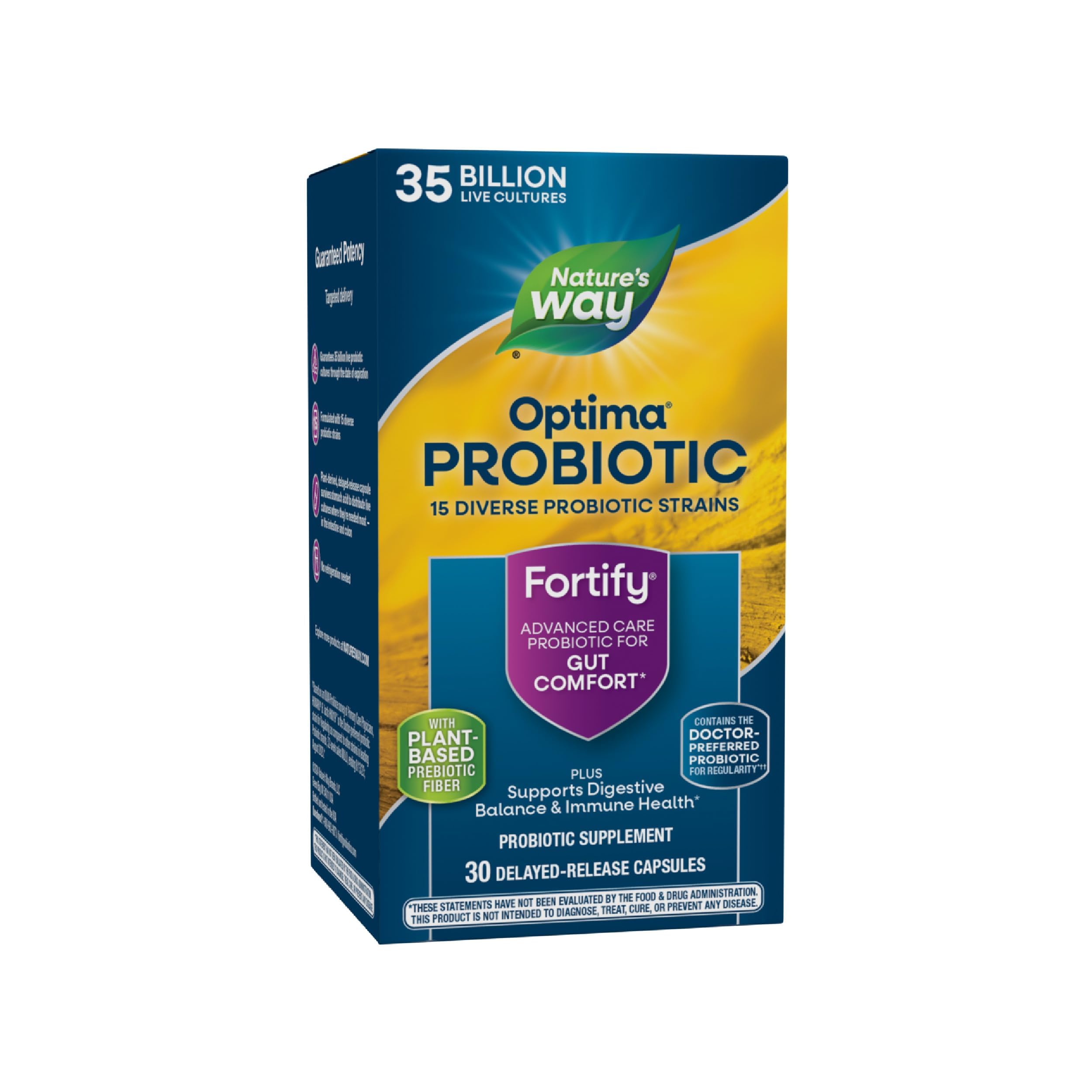 Nature's Way Fortify Optima Probiotic for Adults, 35 Billion Live Cultures, 15 Strains, Supports Digestive Balance and Immune Health*, No Refrigeration Required, 30 Capsules (Packaging May Vary)