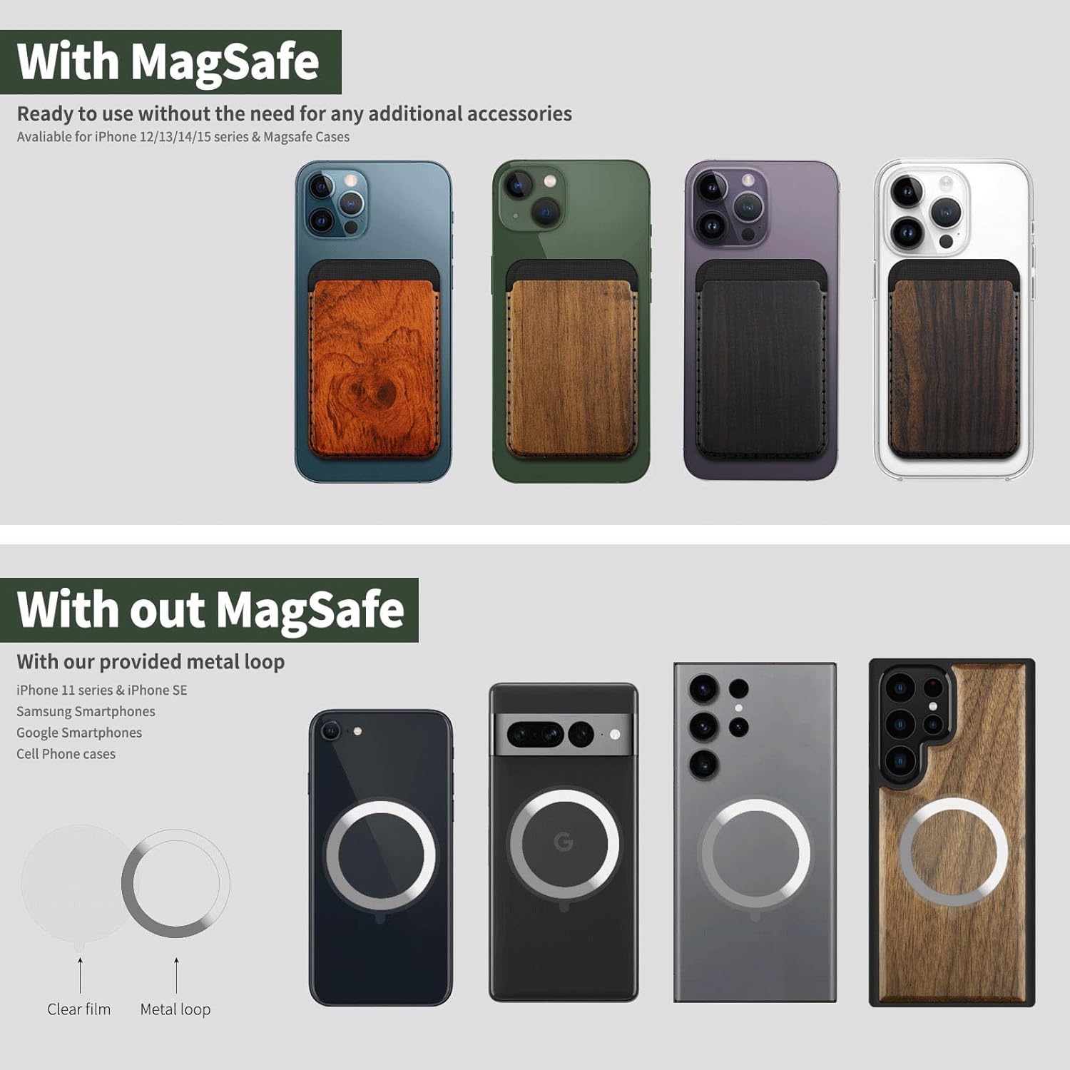 Carveit Designer Wood Wallet, Compatible with MagSafe Wallet, Magnetic Card Holder for iPhone 12/13/14/15/16 Pro Max, for Galaxy S22/S23/S24 Ultra, Pixel 7/8/9 Pro (Viking Compass Vegvisir - Walnut)