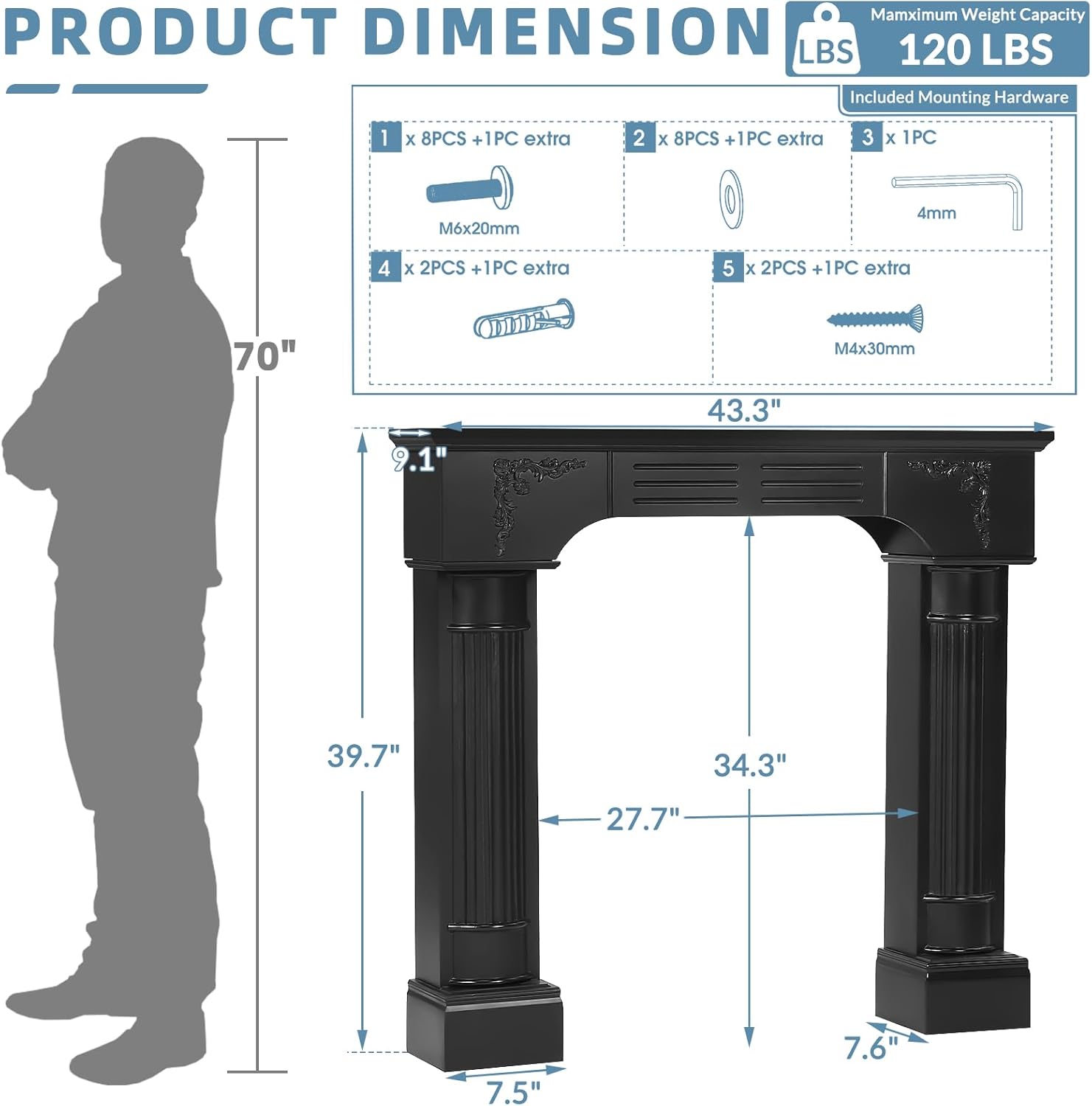 Black Fireplace Mantel, Rustic Freestanding Surround Mantel for Fireplace with Decorative Pattern, Wooden Mantle with Leg for Living Room, Anti-Tipping & Waterproof, 43.3" W x 39.7" H