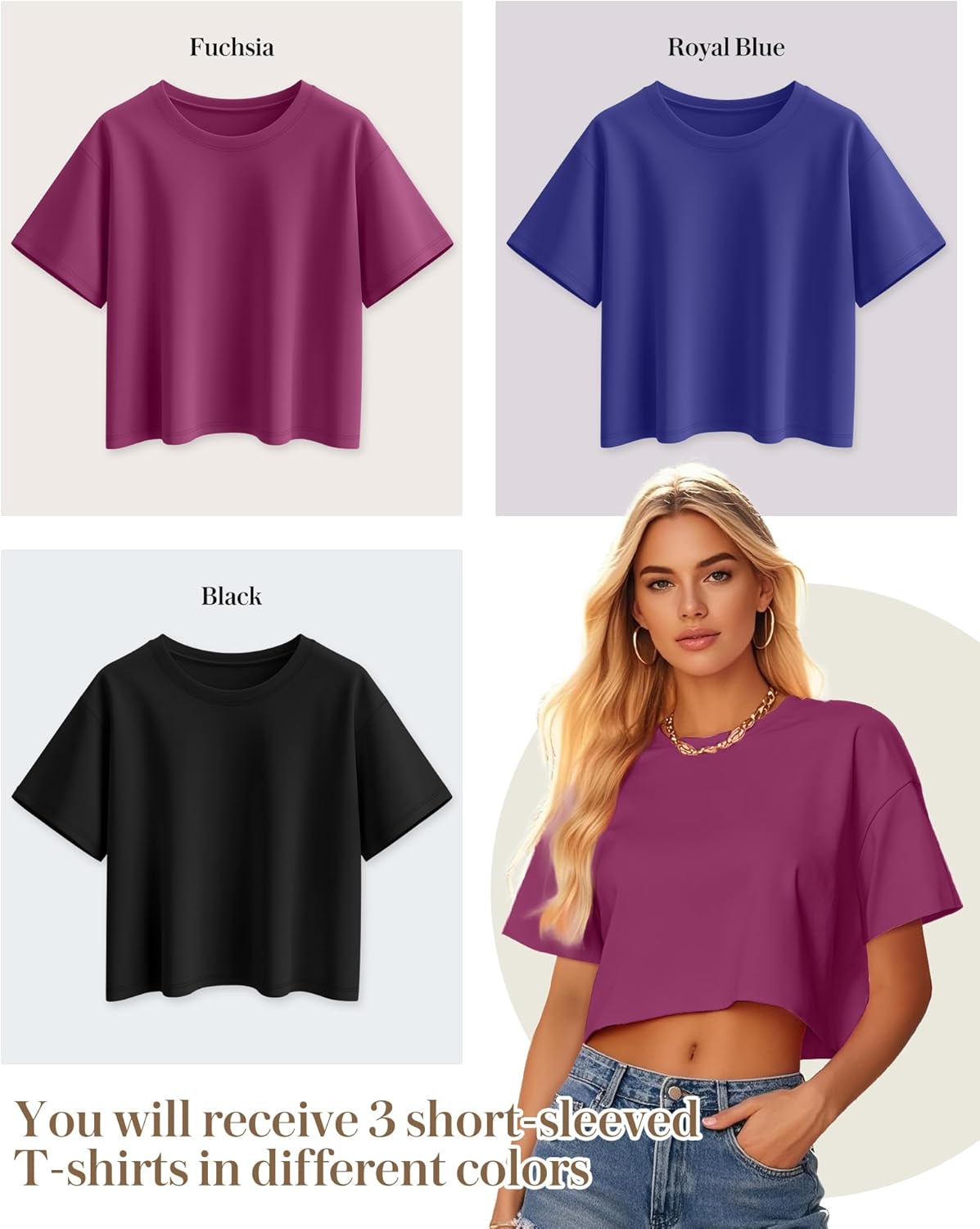 Huukeay 3 Pack Women's Half Sleeve Crop Tops Oversized Crew Neck Summer Casual Short T-Shirts Loose Fit Drop Shoulder Tees - Image 2
