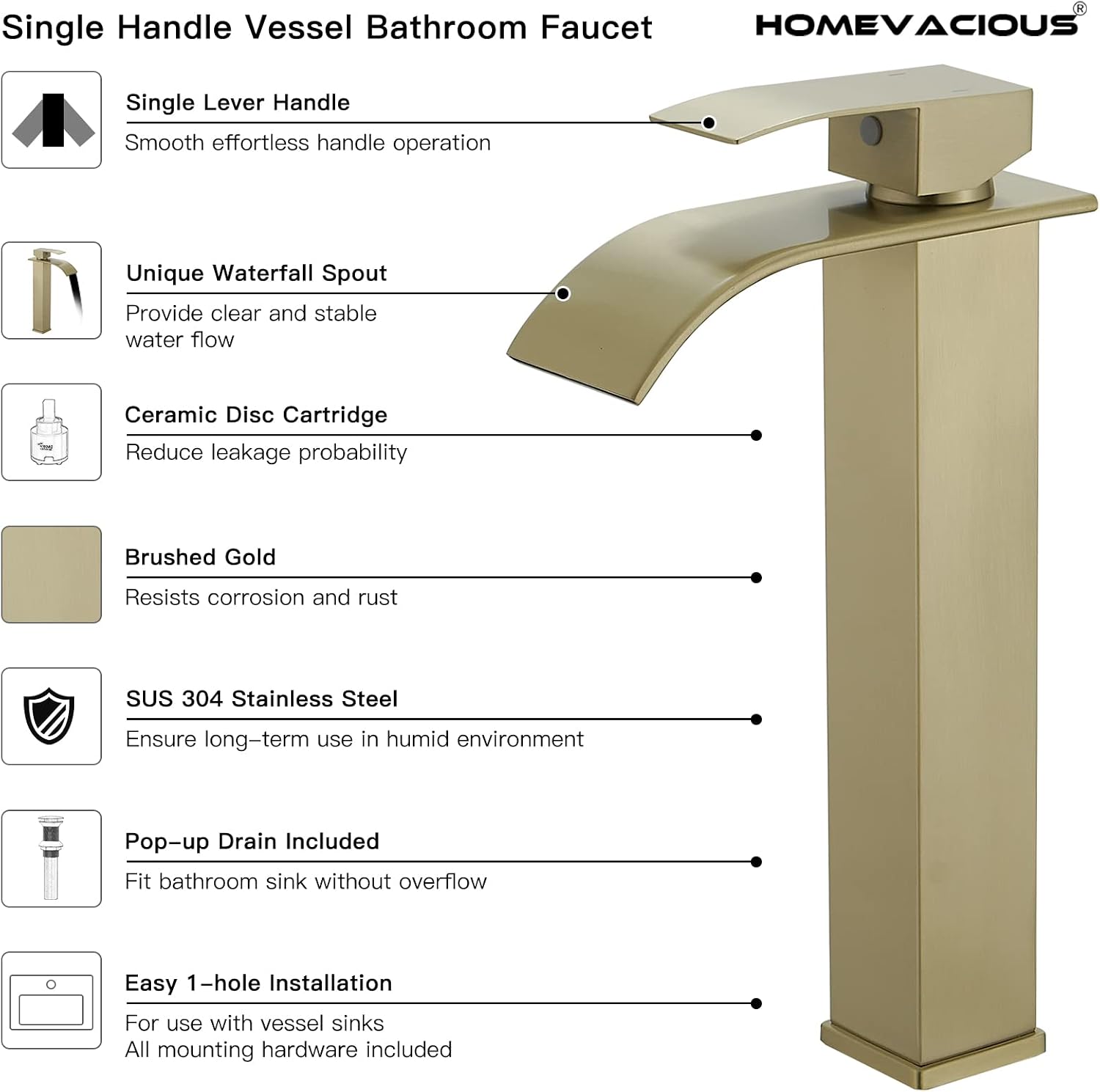 Homevacious Vessel Sink Faucet Tall Modern Waterfall Bathroom Faucet Single Handle 1 Hole Bowl Lavatory Vanity Rv Camper Farmhouse Sink Faucet with Pop-Up Drain and 2 Supply Hoses - Brushed Gold