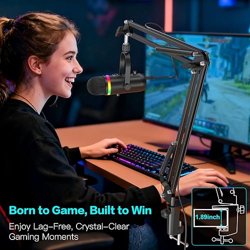 Miniatura 8 de ZealSound Podcast Microphone with Noise Cancellation, RGB Lighting, Mute, Gain, Monitoring & Echo, USB Studio Mic with Boom Arm & Pop Filter for PC,