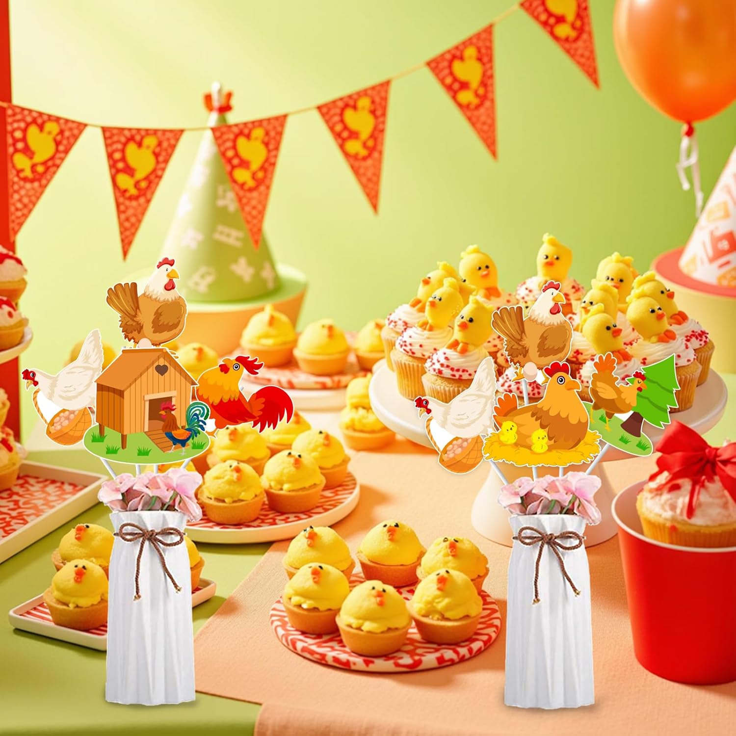 Chicken Happy Birthday Backdrop Table Centerpiece Sticks Birthday Party Decorations Tags