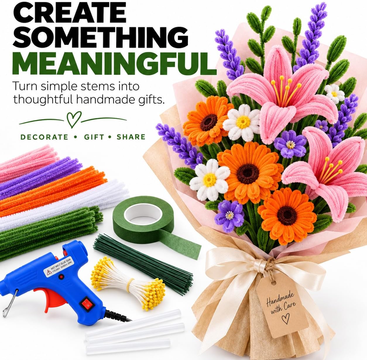 800Pcs Pipe Cleaner Flower Kit with Hot Glue Gun, 13 Colors Chenille Stems