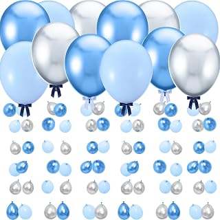 TaoBary 228 Pcs Metallic Blue Silver Balloon Cascade 12 Set Large Balloons Kit Metallic Latex Party Balloons with Ribbon Bows with Twist Tie for Birthday Wedding Baby Shower Party Decor