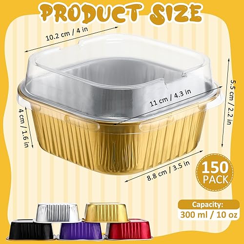 Miniatura 2 de 150 moldes desechables de 10 onzas para hornear pasteles con tapas, papel de aluminio, tazas para hornear cupcakes, pudín, postres, galletas,