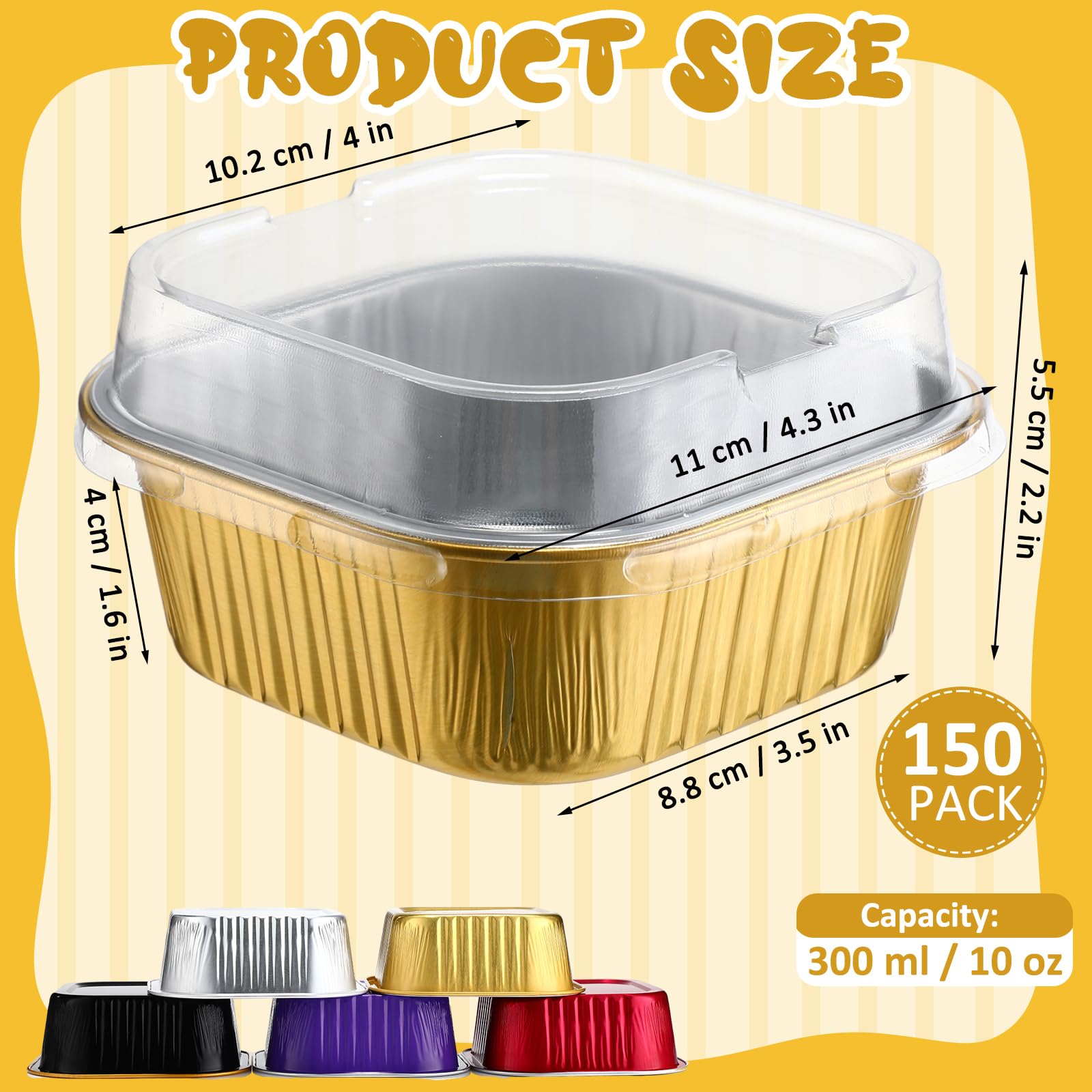 150 tazas de papel de aluminio de 10 onzas con tapas, tazas cuadradas para hornear, moldes desechables para hornear, moldes para cupcakes, para alimentos, brownie, pudín, postres, hornear, cocina,