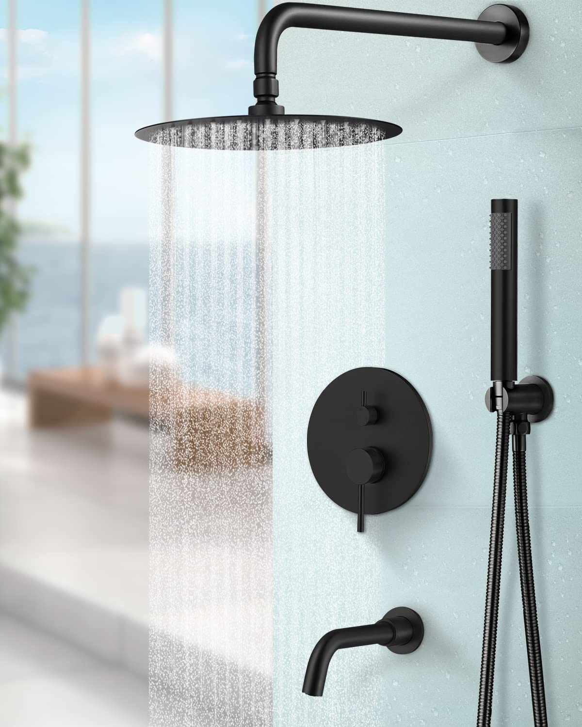 Rain Shower Head Faucet Set - Luxury Wall Mount 3 Function Bathroom Shower System with Tub Spout For Bathtub, Upgraded Shower Valve Trim Kit Rainfall ShowerHead with Handheld Spray Matt Black