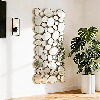 Gold Wall Mirrors Decorative - 51"x23" Large Modern Wall Mirror for Home Decor, 55 Pieces Multi-Size Pebble Design Metal Framed Accent Mirror for Entryway Bedroom Living Room Wall Art Decor